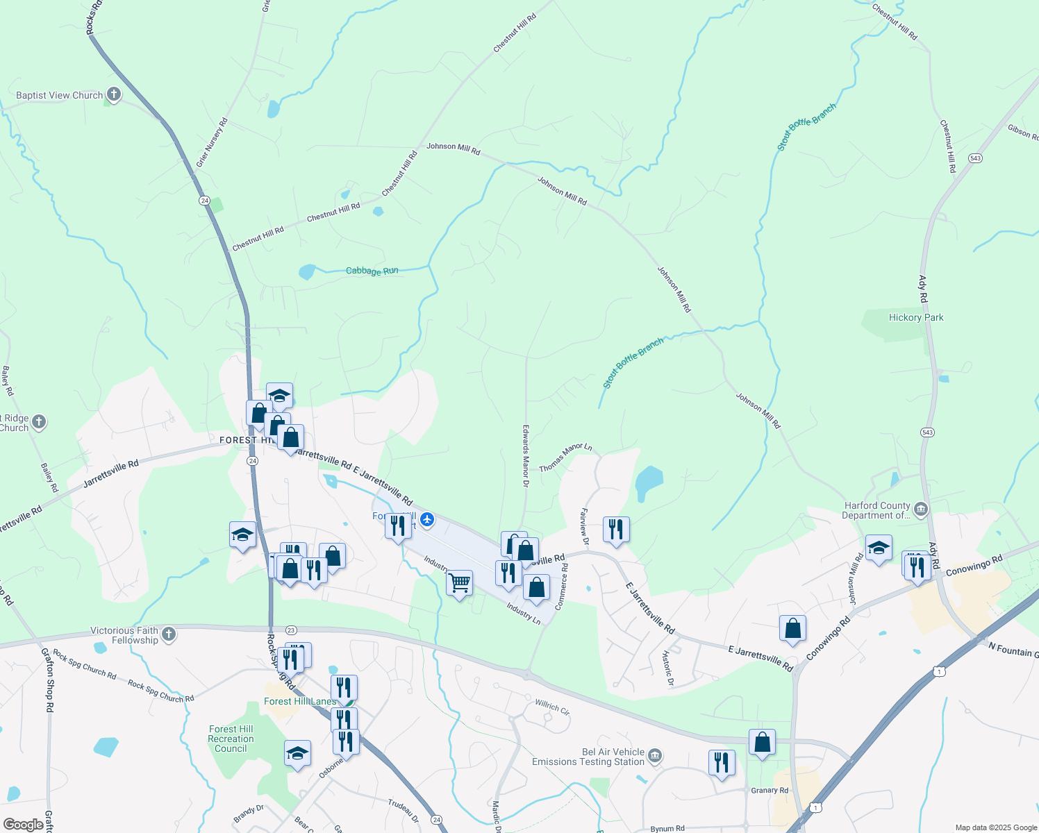 map of restaurants, bars, coffee shops, grocery stores, and more near 2417 Edwards Manor Drive in Forest Hill
