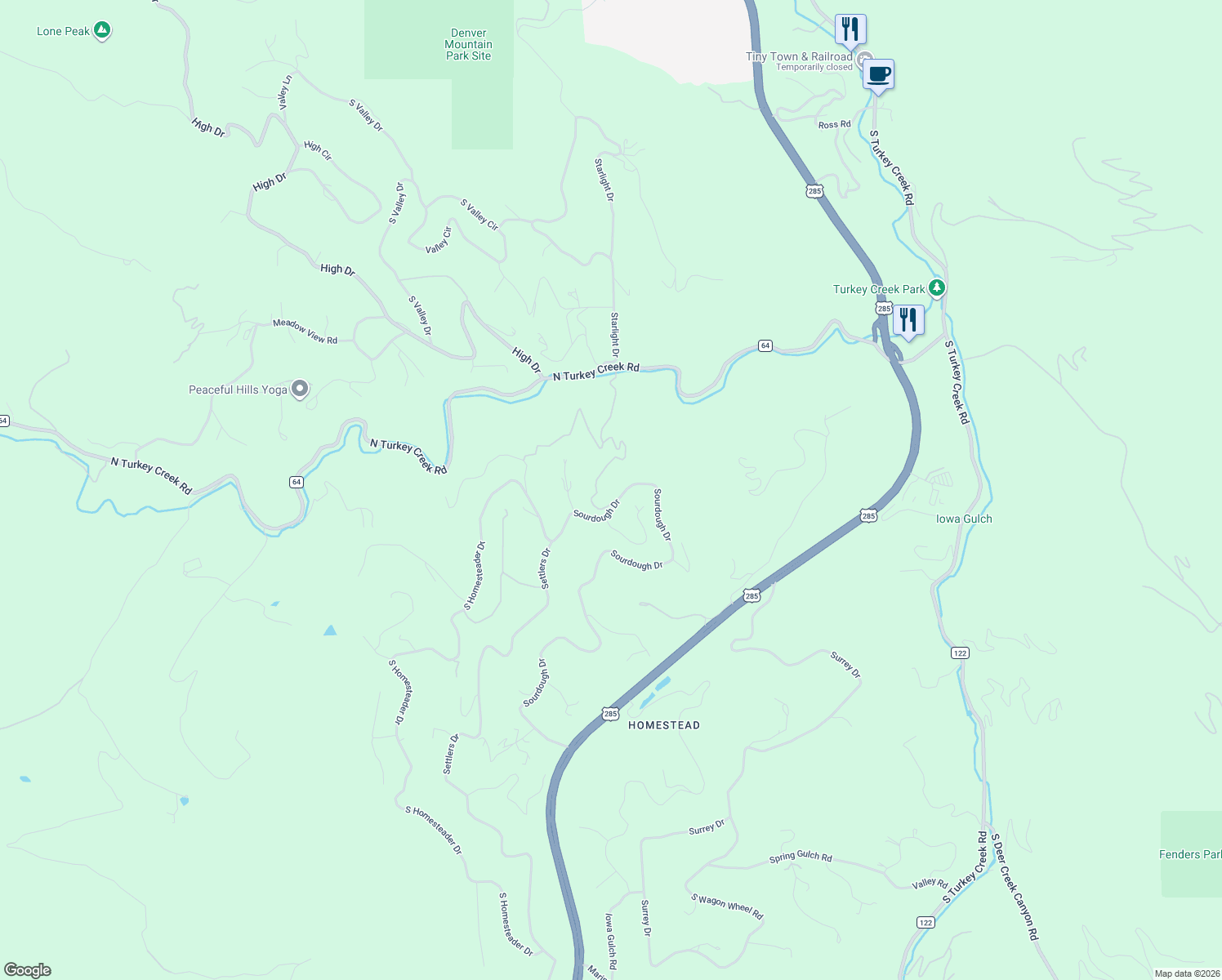 map of restaurants, bars, coffee shops, grocery stores, and more near 7262 Sourdough Drive in Morrison