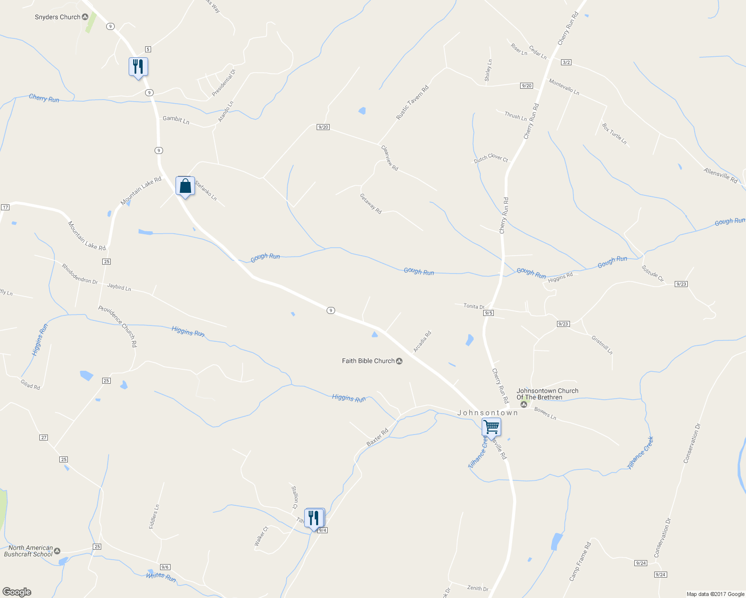 map of restaurants, bars, coffee shops, grocery stores, and more near 9716 Hedgesville Road in Hedgesville