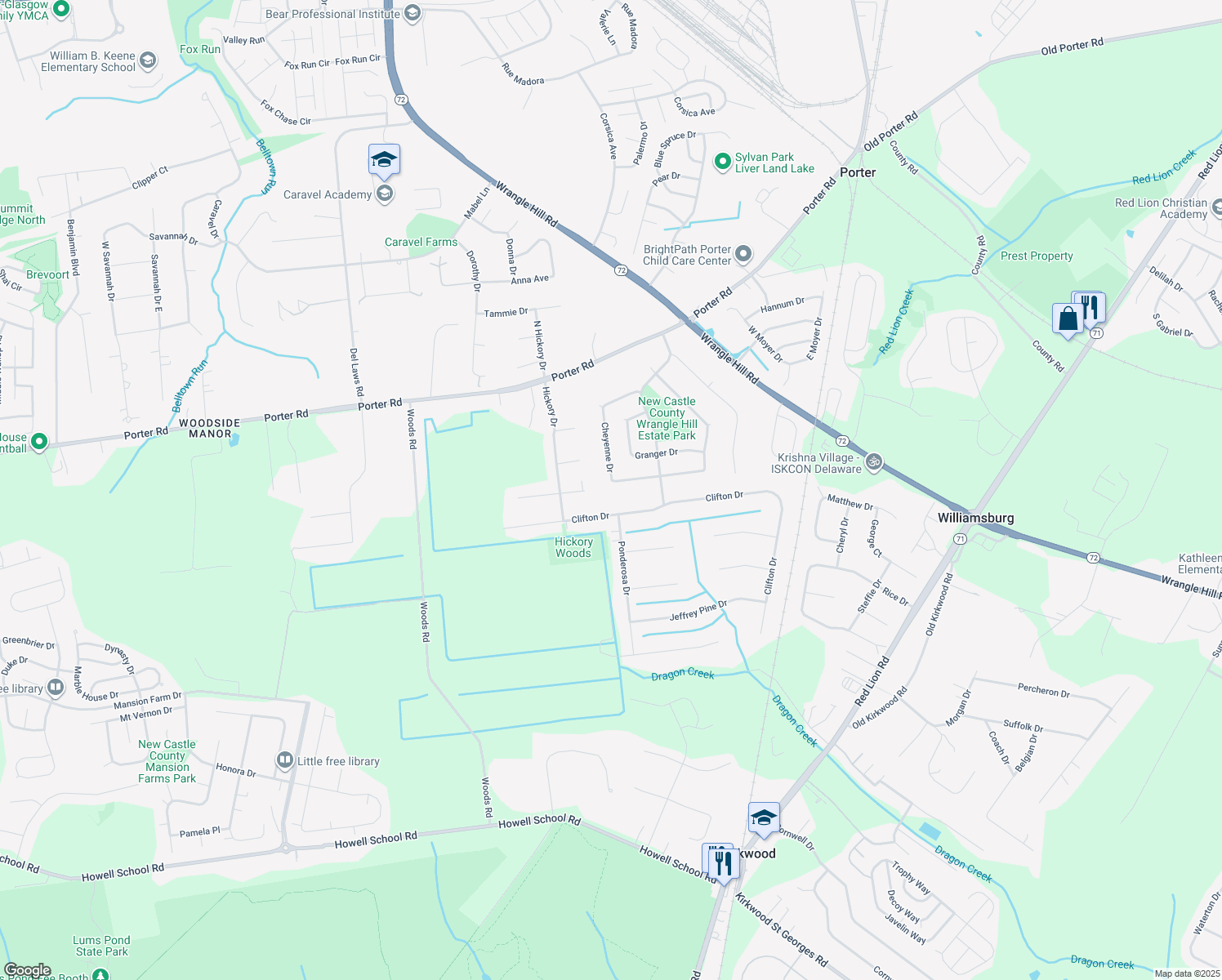 map of restaurants, bars, coffee shops, grocery stores, and more near 260 Cheyenne Drive in Bear