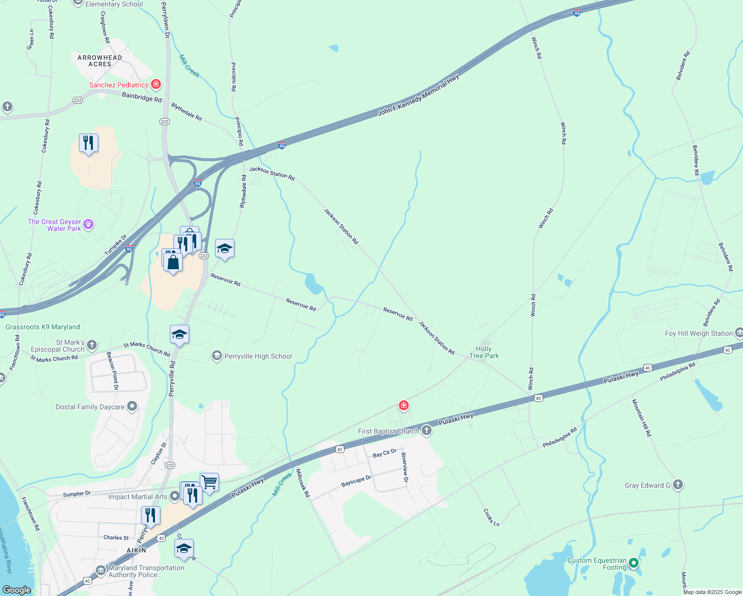 map of restaurants, bars, coffee shops, grocery stores, and more near 363 Reservoir Road in Perryville