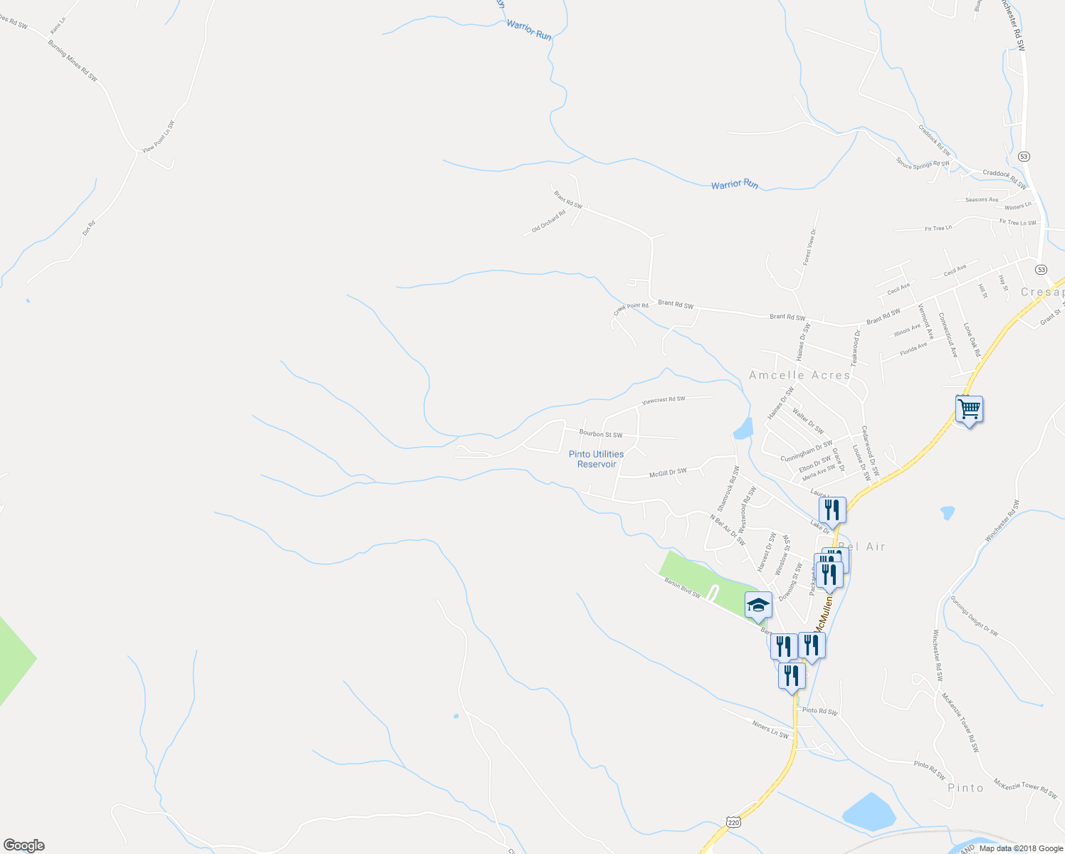 map of restaurants, bars, coffee shops, grocery stores, and more near 15121 Trail Ridge Road Southwest in Cresaptown