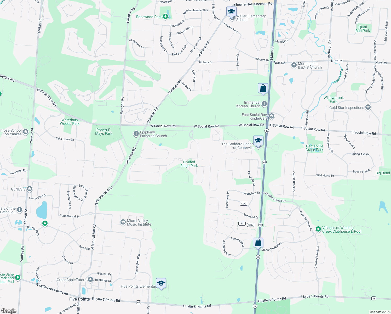map of restaurants, bars, coffee shops, grocery stores, and more near 10157 Benham Drive in Dayton