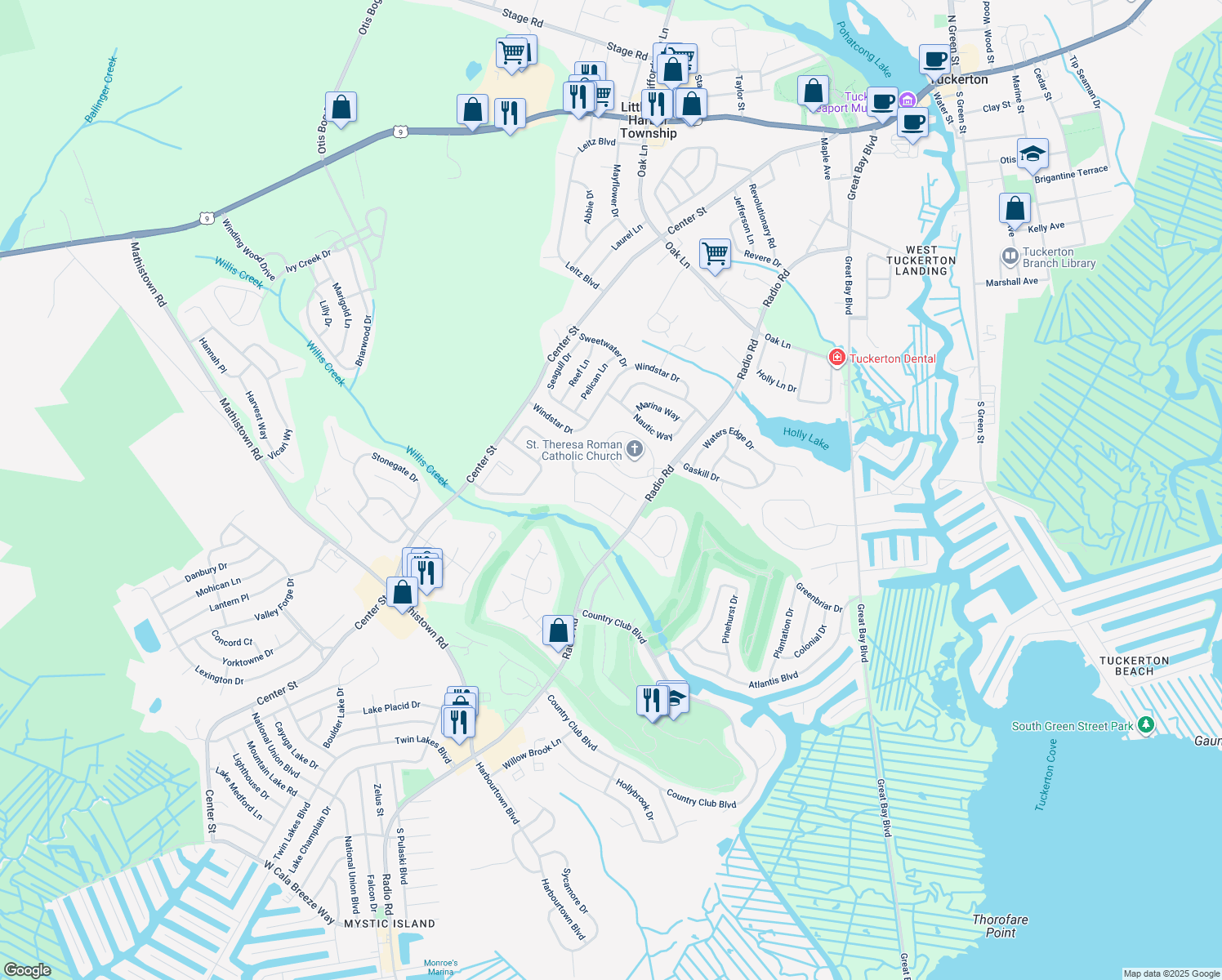 map of restaurants, bars, coffee shops, grocery stores, and more near 142 Westchester Drive in Little Egg Harbor Township