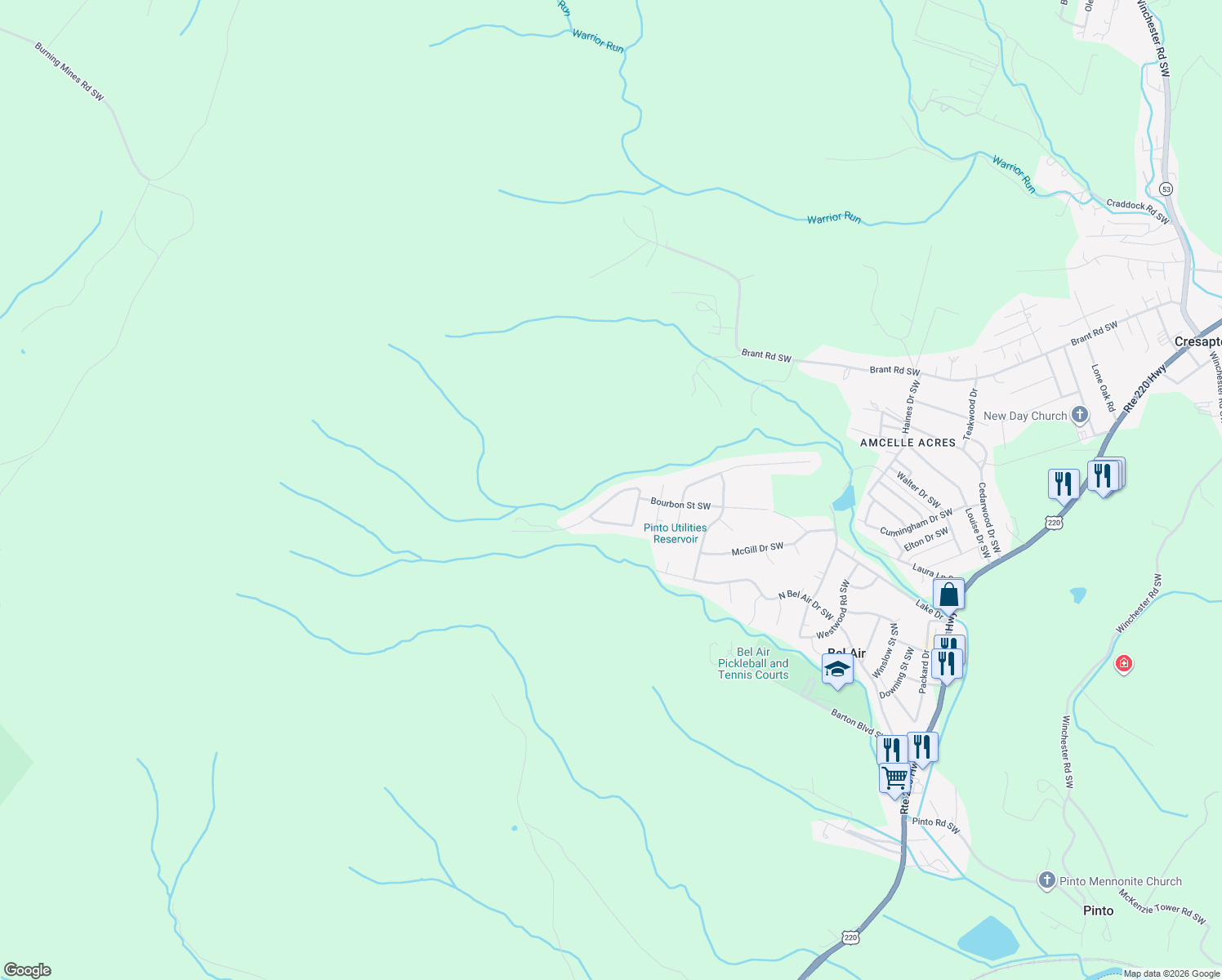 map of restaurants, bars, coffee shops, grocery stores, and more near 15121 Trail Ridge Road Southwest in Cresaptown