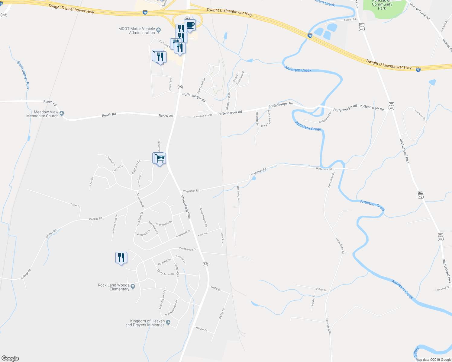 map of restaurants, bars, coffee shops, grocery stores, and more near 18604 Wagaman Road in Hagerstown