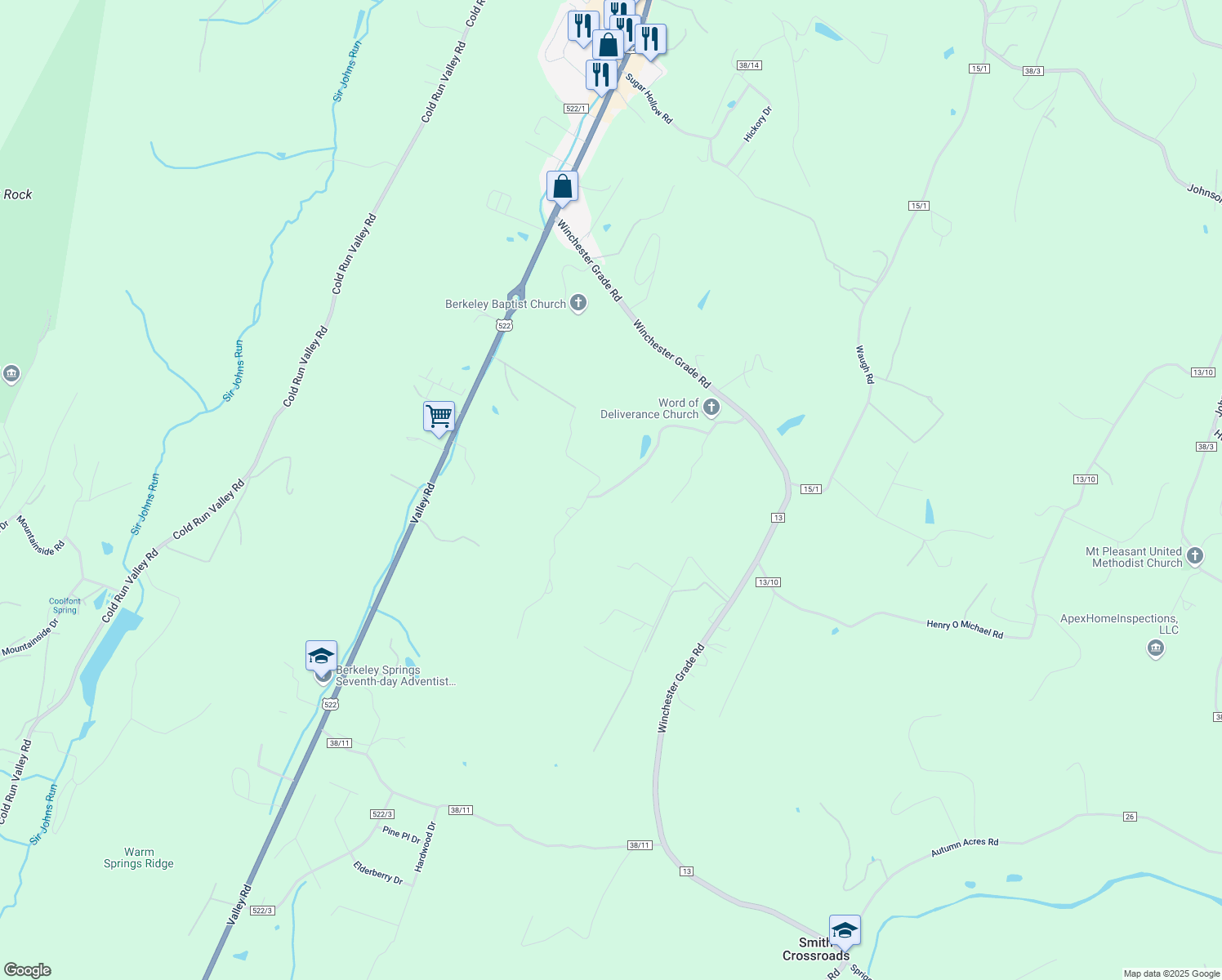 map of restaurants, bars, coffee shops, grocery stores, and more near Honey Crest Drive in Berkeley Springs