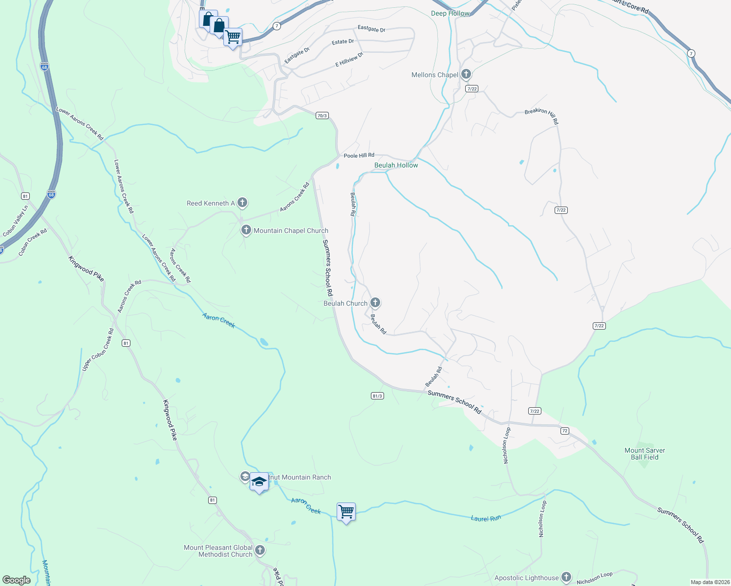 map of restaurants, bars, coffee shops, grocery stores, and more near 688 Beulah Road in Morgantown
