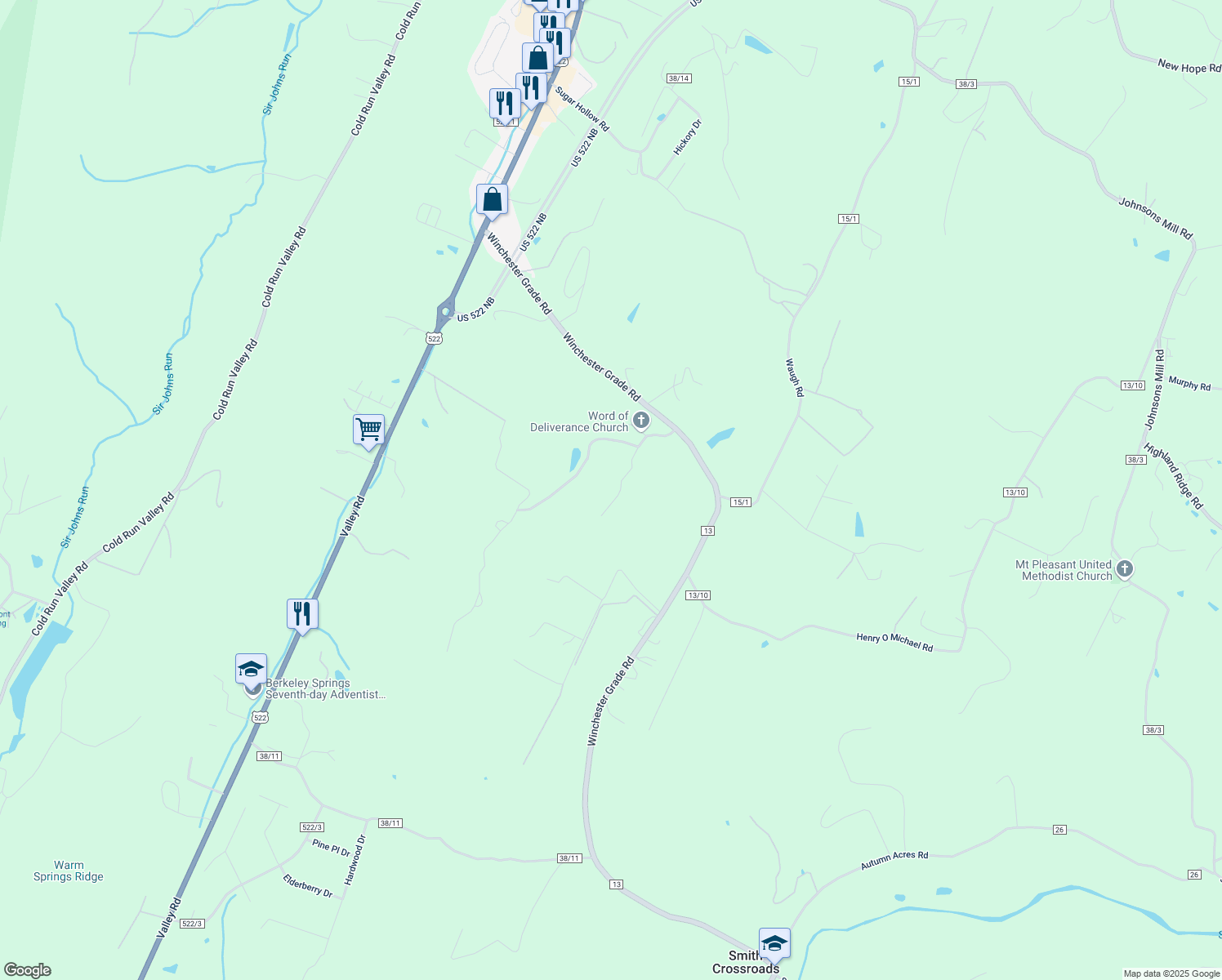 map of restaurants, bars, coffee shops, grocery stores, and more near 116 Harvest Drive in Berkeley Springs
