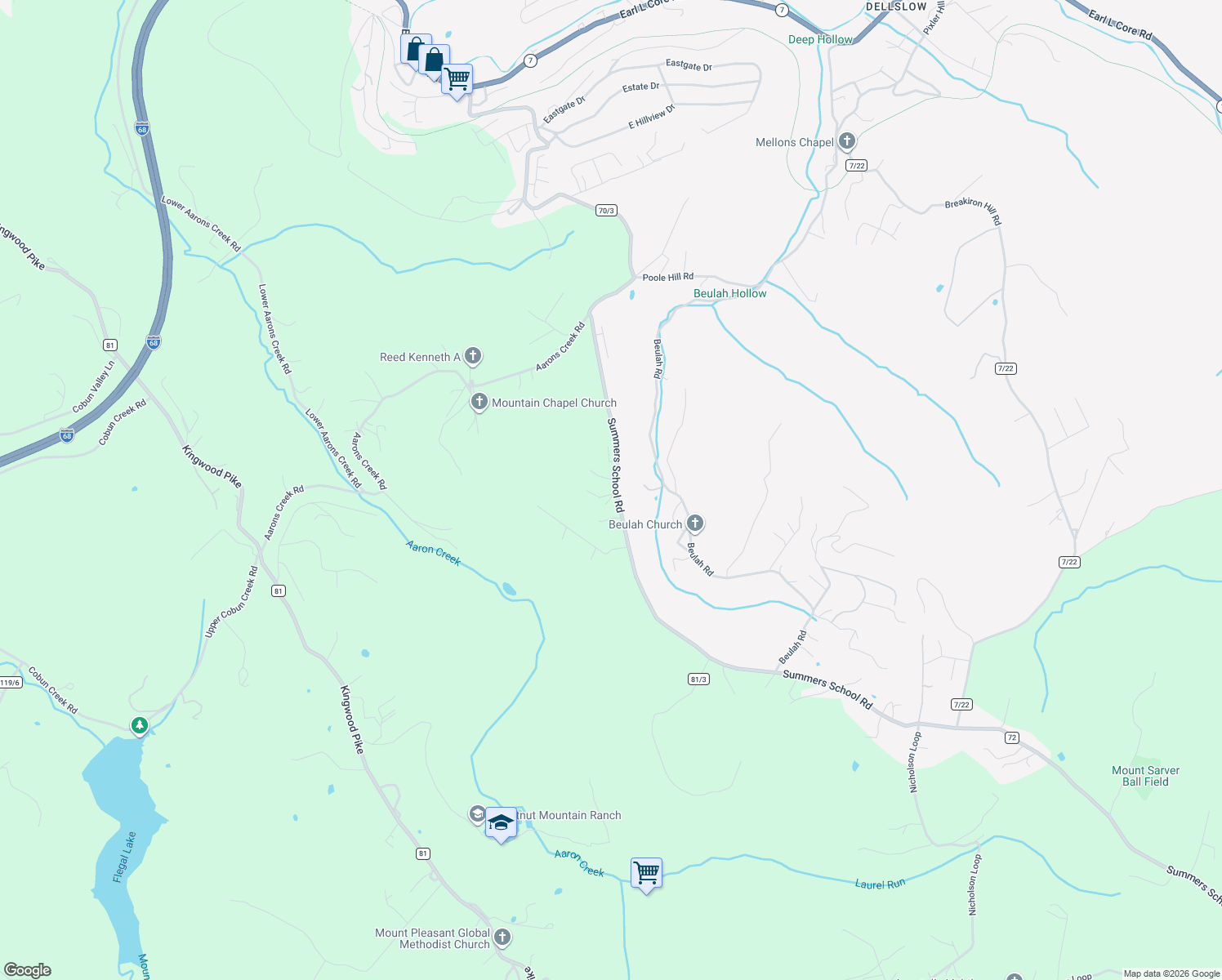 map of restaurants, bars, coffee shops, grocery stores, and more near 916 Summers School Road in Morgantown