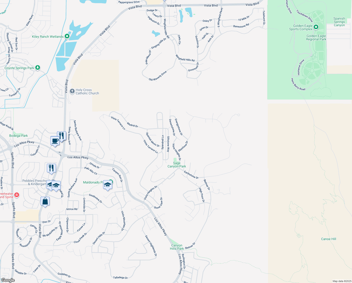 map of restaurants, bars, coffee shops, grocery stores, and more near 5328 Vista Heights Drive in Sparks