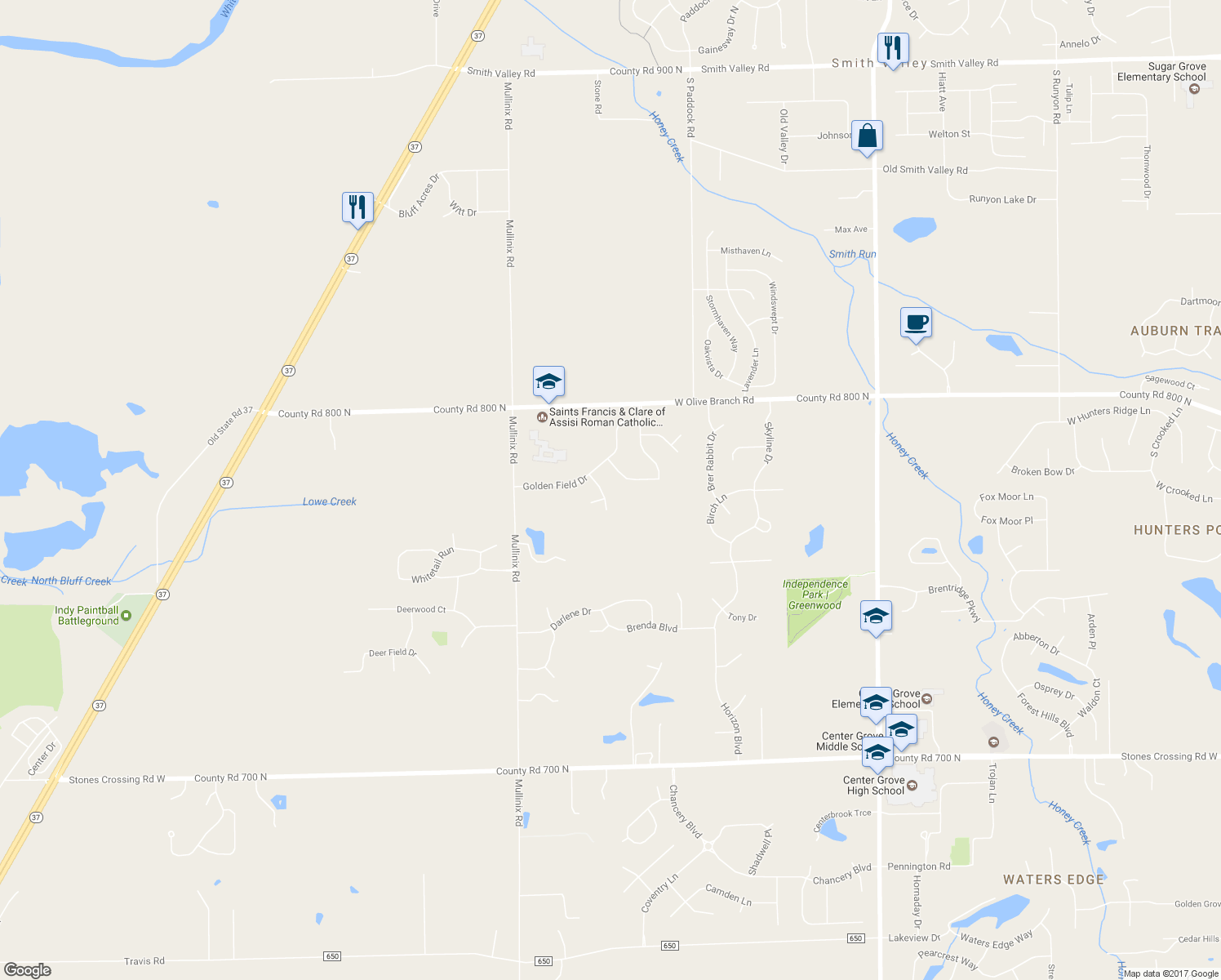 map of restaurants, bars, coffee shops, grocery stores, and more near 1831 Angel View Drive in Greenwood