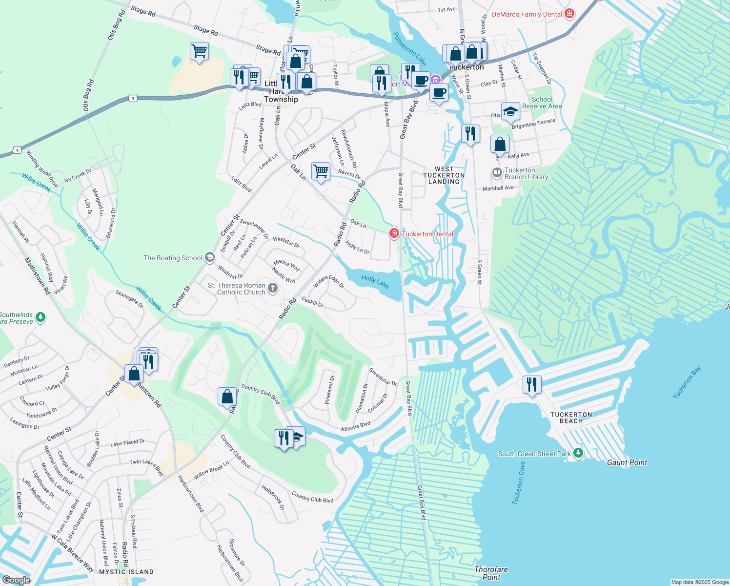 map of restaurants, bars, coffee shops, grocery stores, and more near 45 Waters Edge Drive in Little Egg Harbor Township