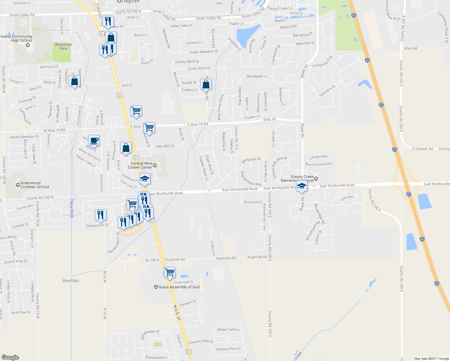 map of restaurants, bars, coffee shops, grocery stores, and more near 781 Wheatgrass Drive in Greenwood