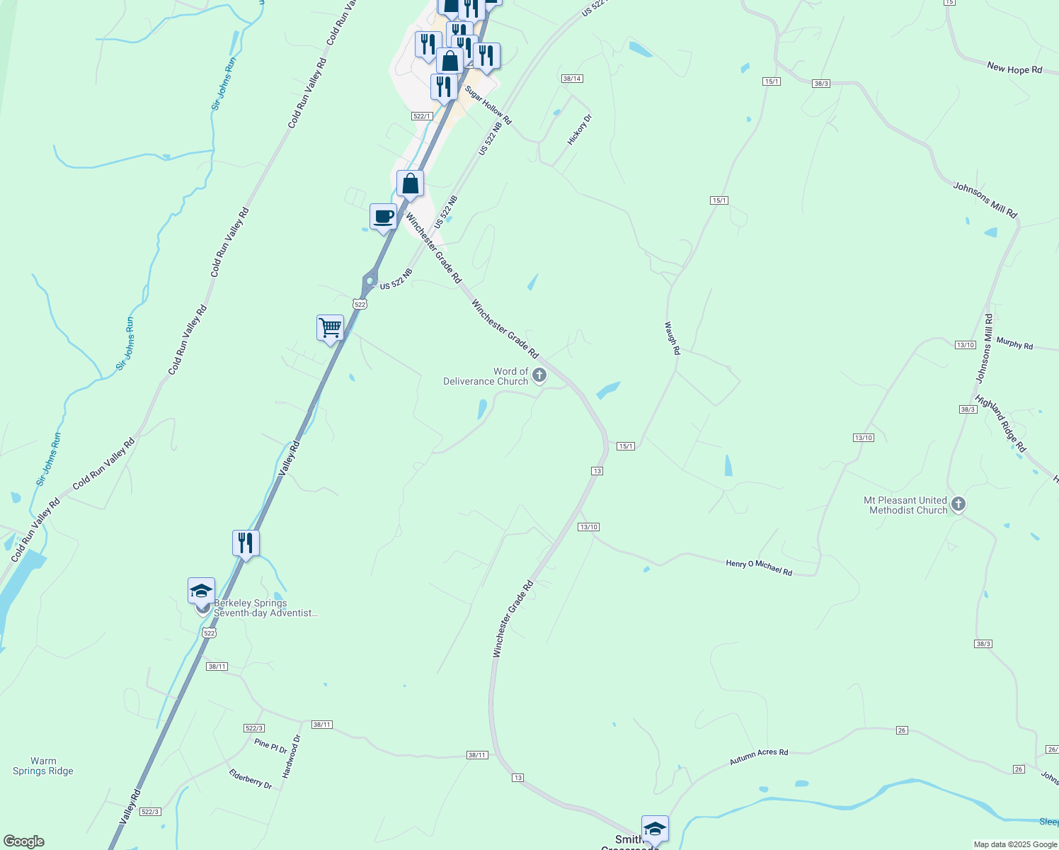 map of restaurants, bars, coffee shops, grocery stores, and more near 116 Harvest Drive in Berkeley Springs