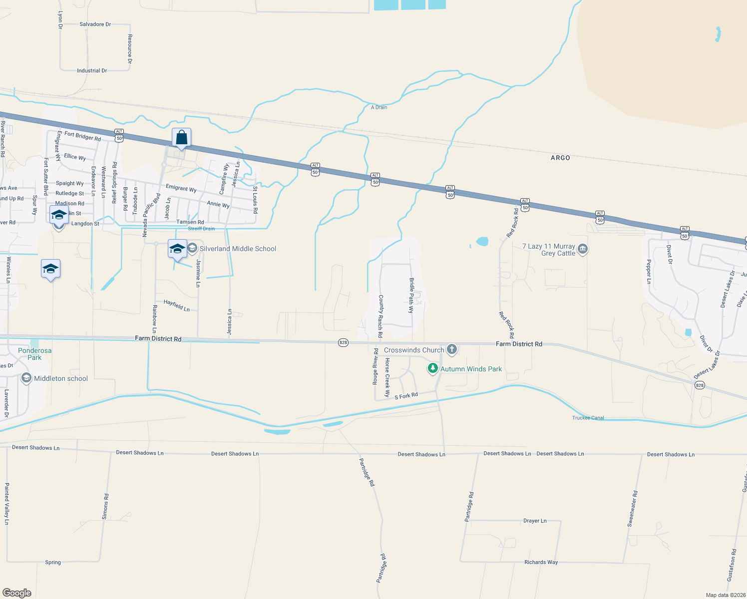 map of restaurants, bars, coffee shops, grocery stores, and more near 133 Country Ranch Road in Fernley