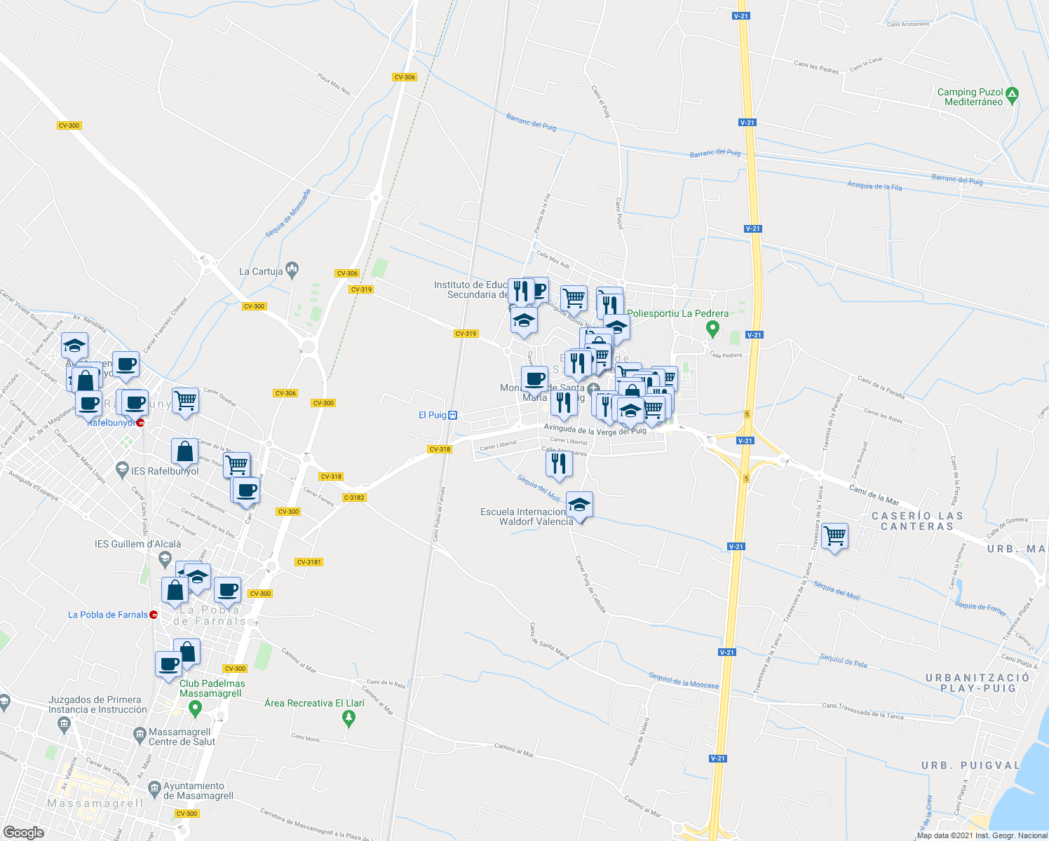 map of restaurants, bars, coffee shops, grocery stores, and more near 4 Avenida Valencia in El Puig de Santa Maria