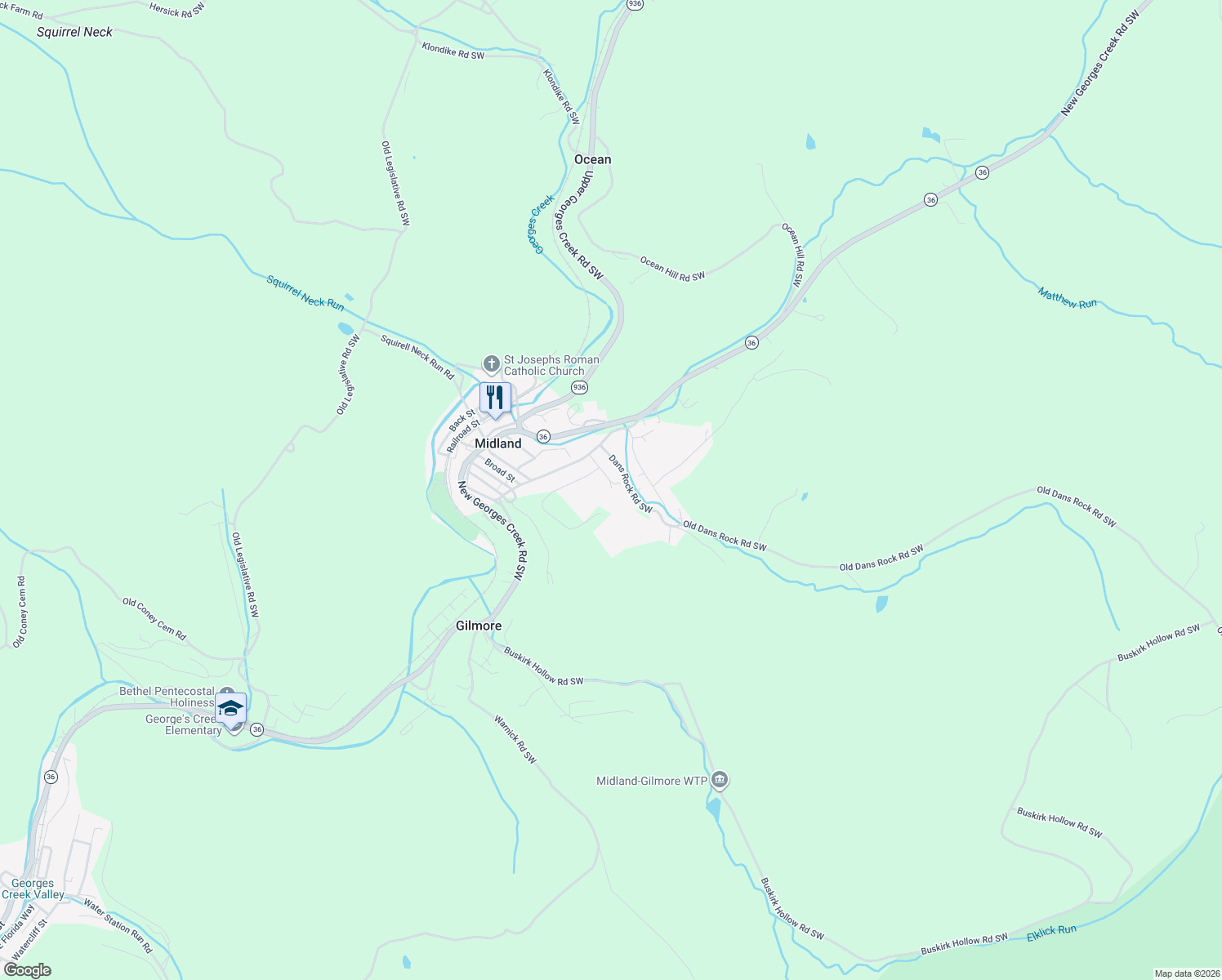 map of restaurants, bars, coffee shops, grocery stores, and more near 19506 McVeighs Alley in Midland