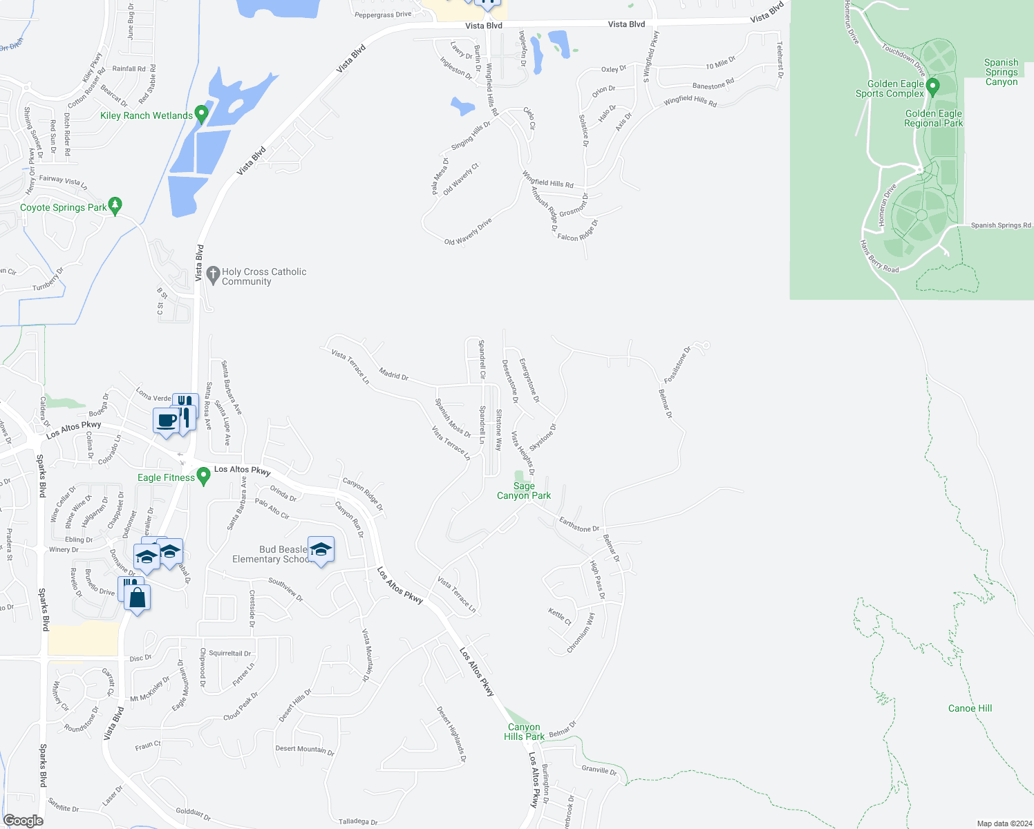 map of restaurants, bars, coffee shops, grocery stores, and more near 5335 Vista Heights Drive in Sparks