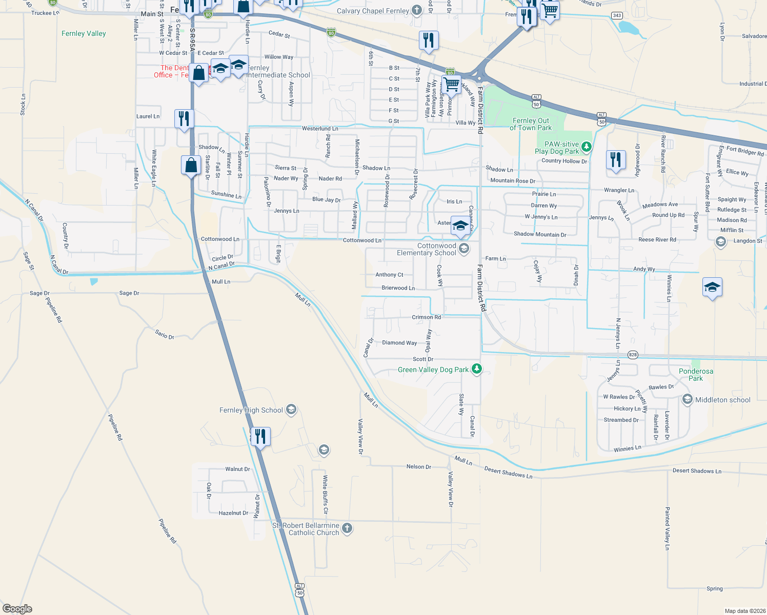 map of restaurants, bars, coffee shops, grocery stores, and more near 608 Red Opal Court in Fernley