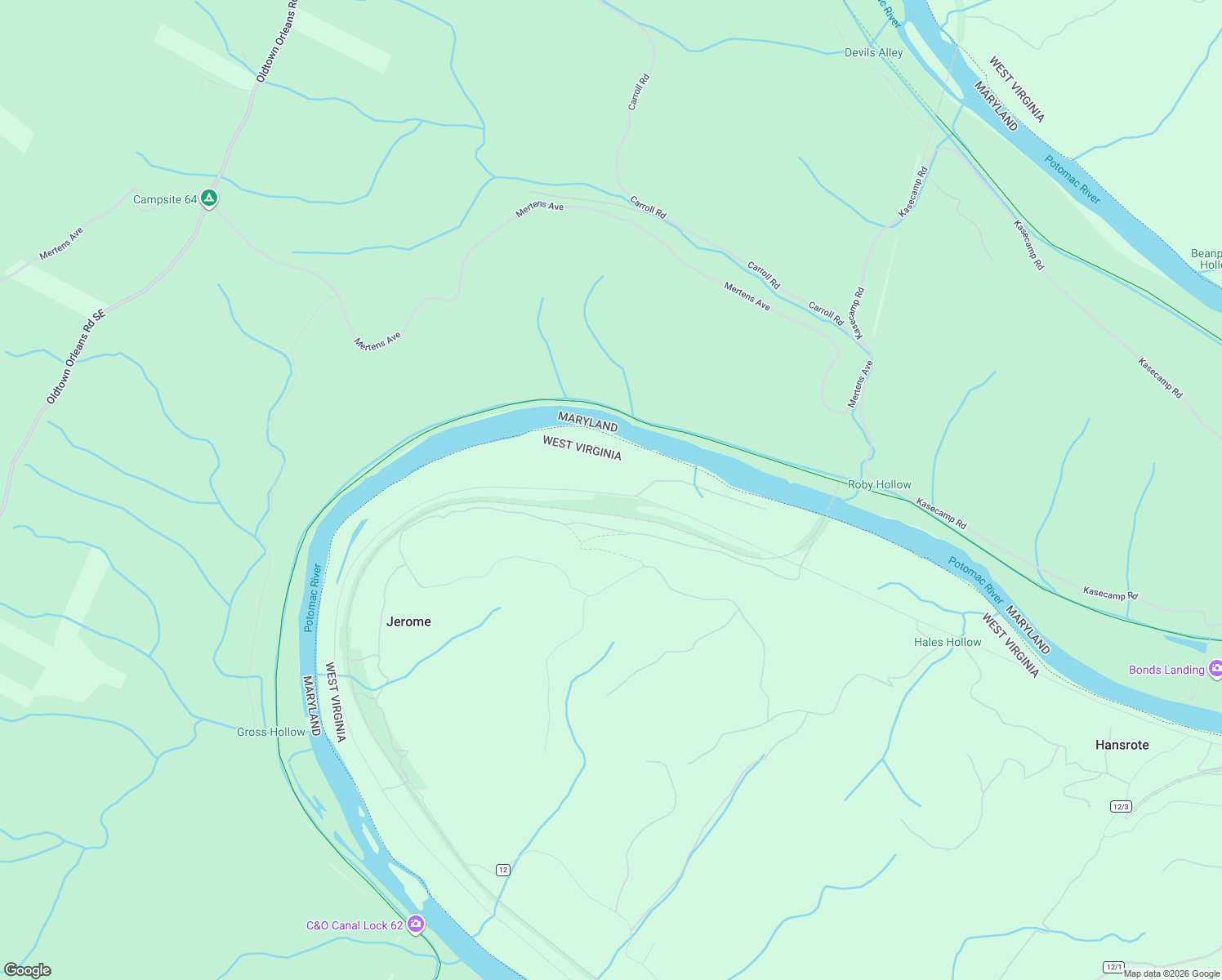map of restaurants, bars, coffee shops, grocery stores, and more near Low Line Road in Great Cacapon