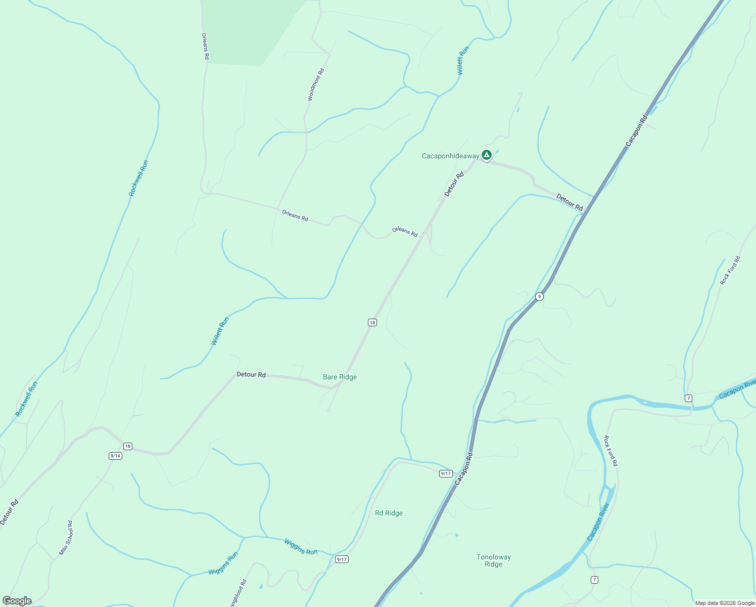 map of restaurants, bars, coffee shops, grocery stores, and more near Detour Road in Great Cacapon