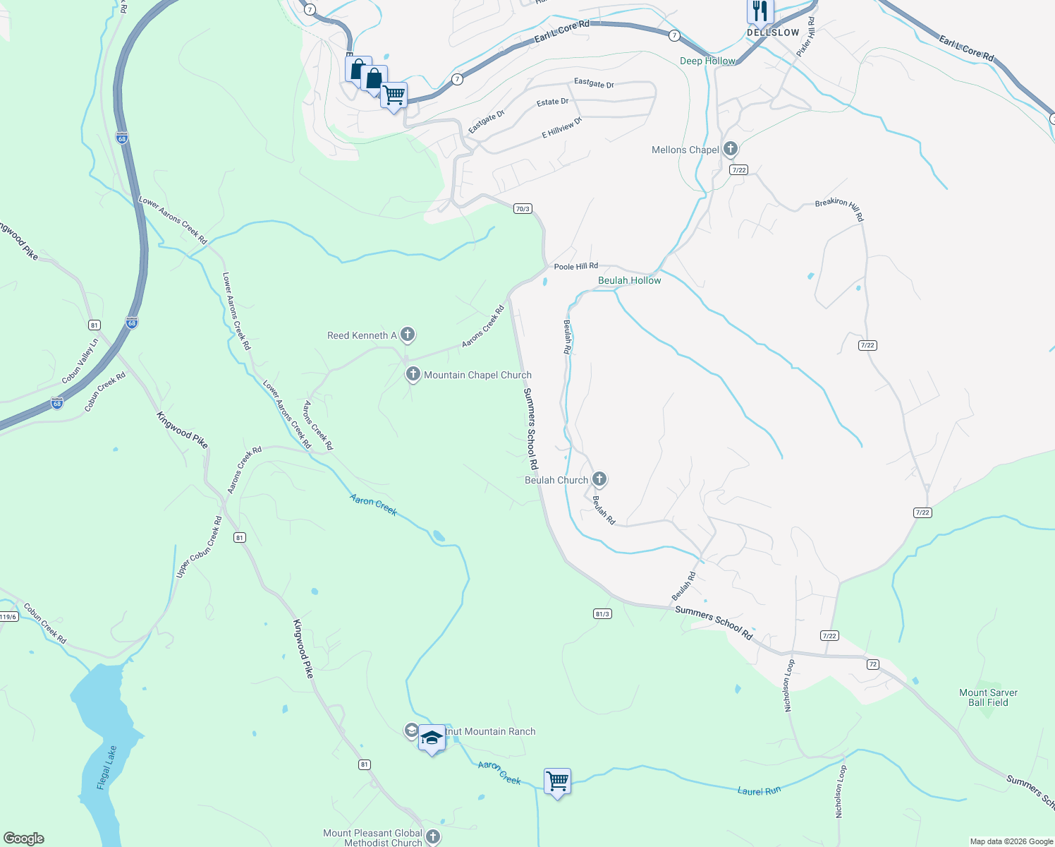 map of restaurants, bars, coffee shops, grocery stores, and more near 872 Summers School Road in Morgantown
