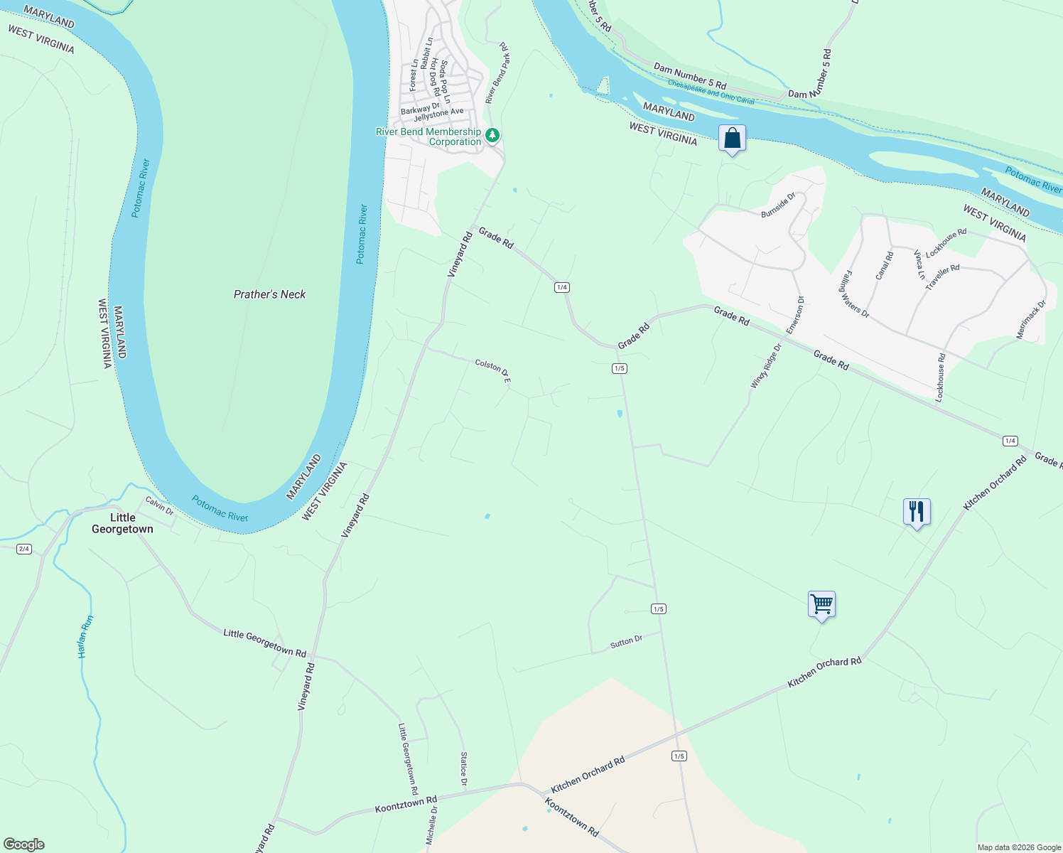 map of restaurants, bars, coffee shops, grocery stores, and more near 20 Isaiah Lane in Falling Waters
