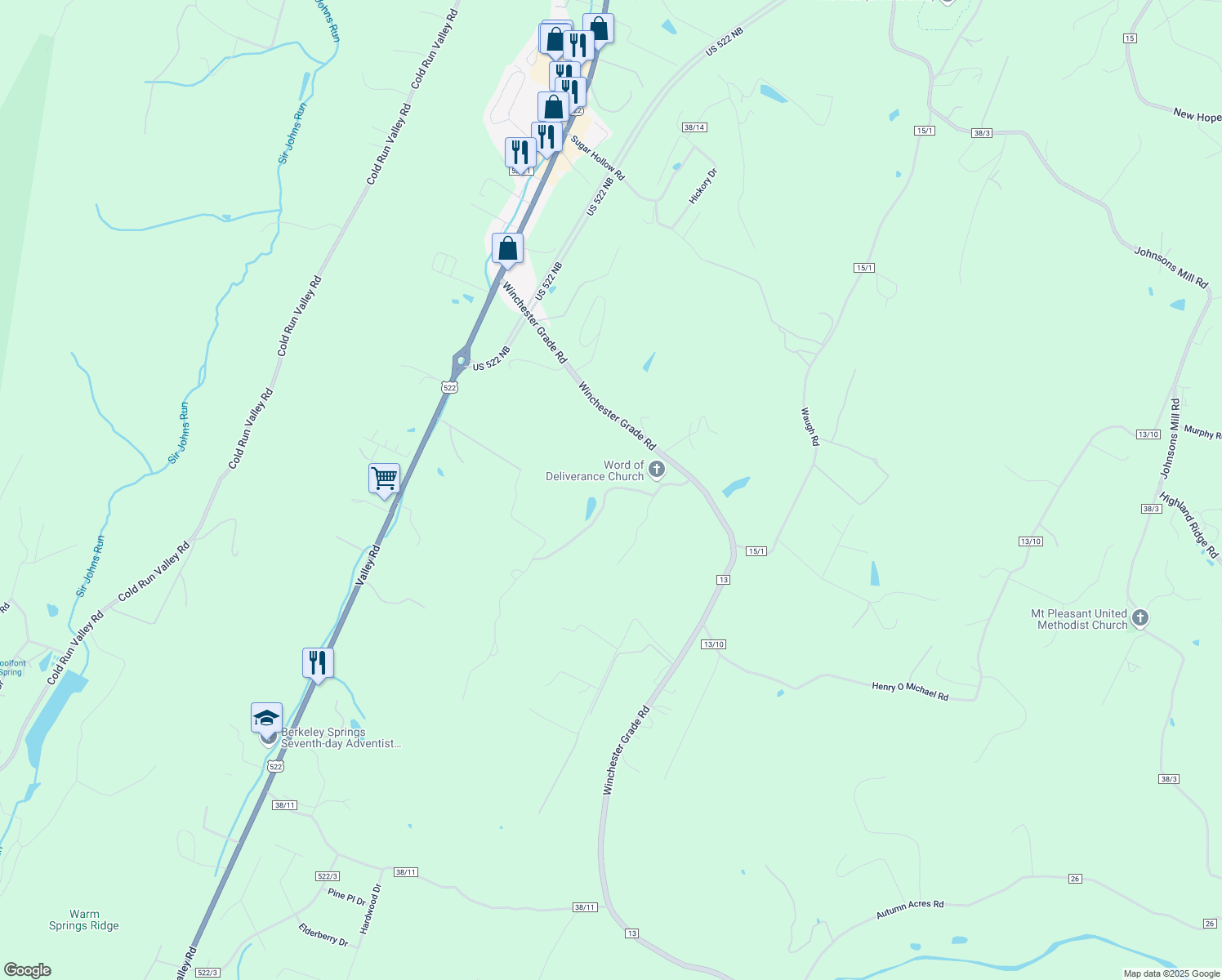 map of restaurants, bars, coffee shops, grocery stores, and more near Honey Crest Drive in Berkeley Springs