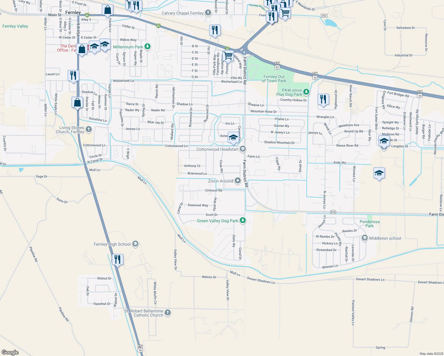 map of restaurants, bars, coffee shops, grocery stores, and more near 351 Cook Way in Fernley