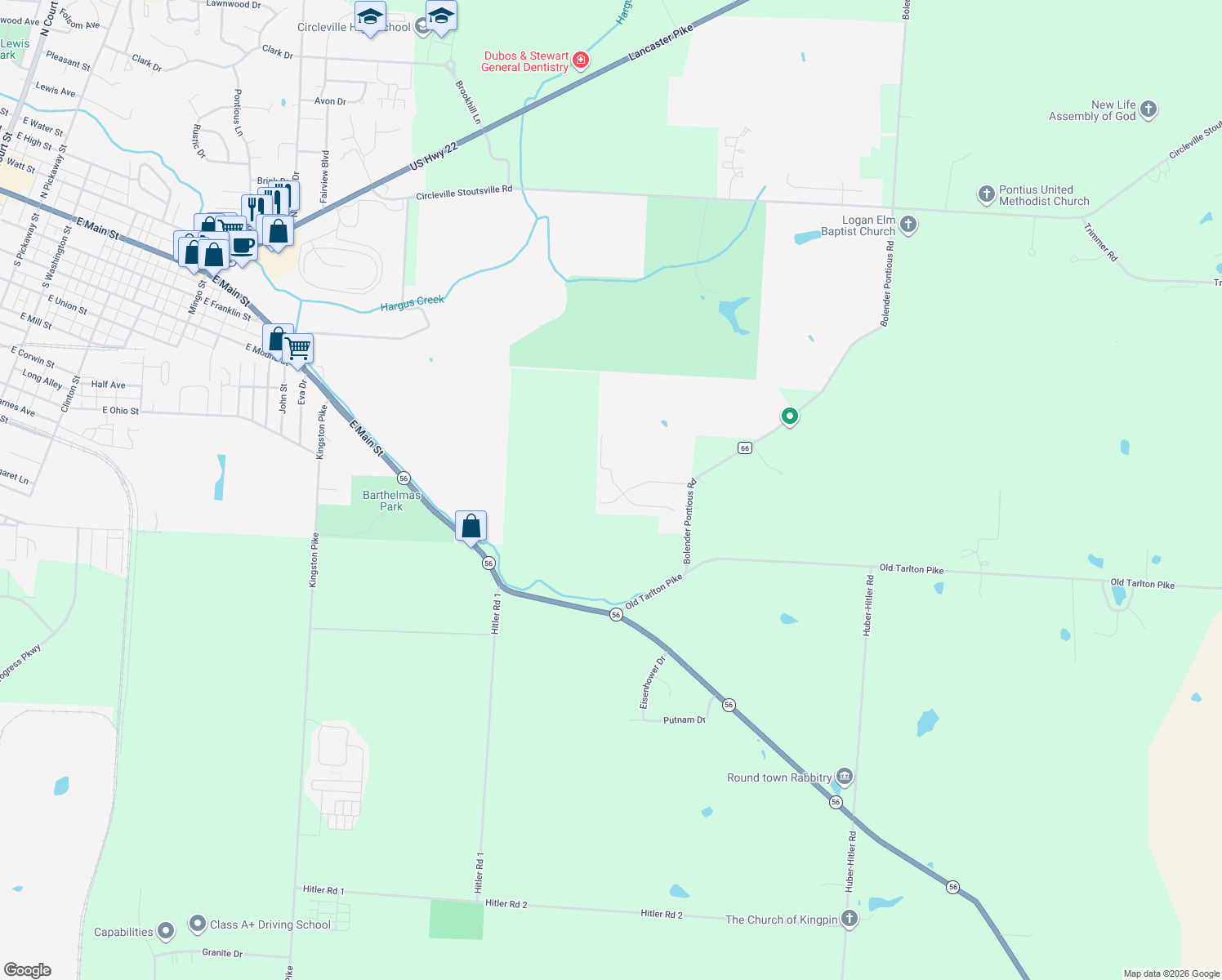 map of restaurants, bars, coffee shops, grocery stores, and more near 1007 Ridge Drive in Circleville