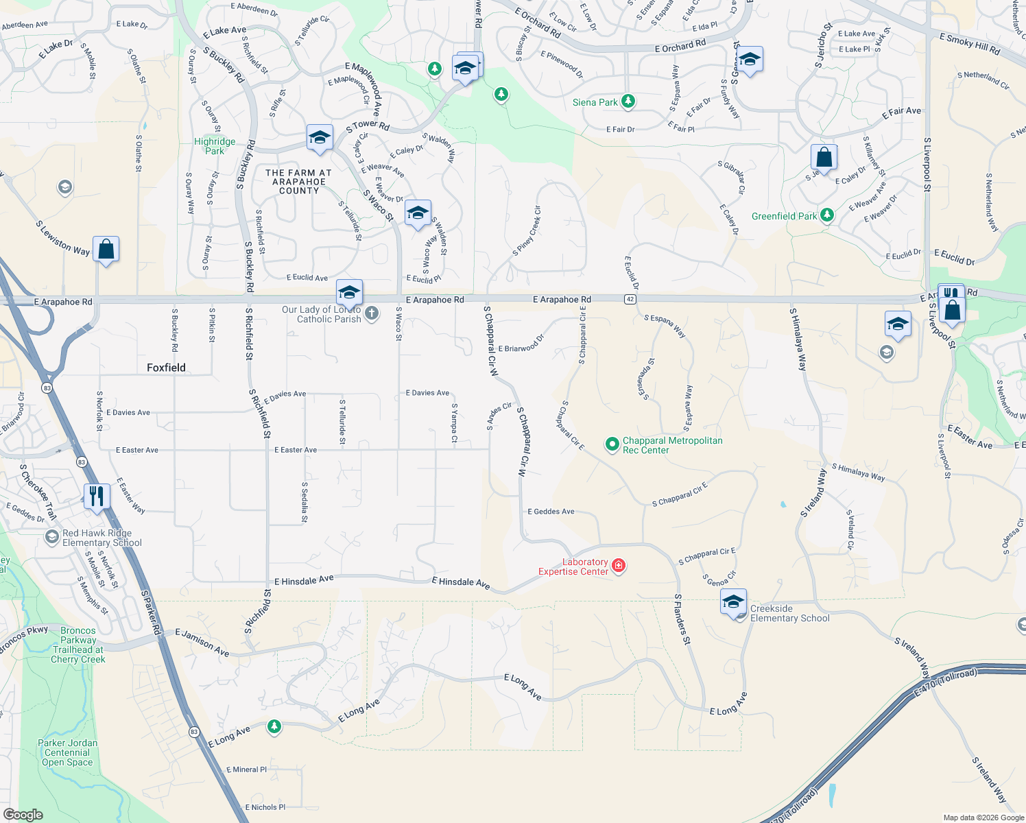 map of restaurants, bars, coffee shops, grocery stores, and more near 6995 S Chapparal Cir W in Centennial