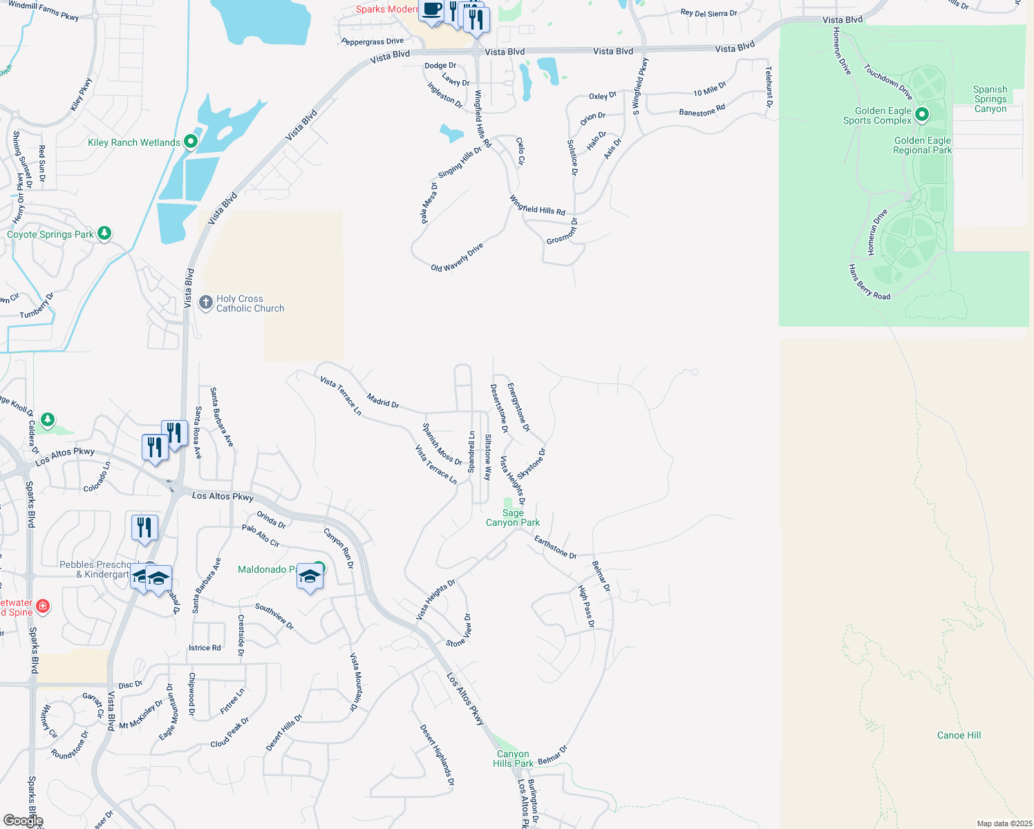 map of restaurants, bars, coffee shops, grocery stores, and more near 5385 Energystone Drive in Sparks