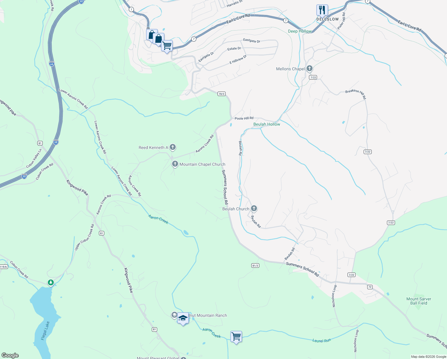map of restaurants, bars, coffee shops, grocery stores, and more near 872 Summers School Road in Morgantown