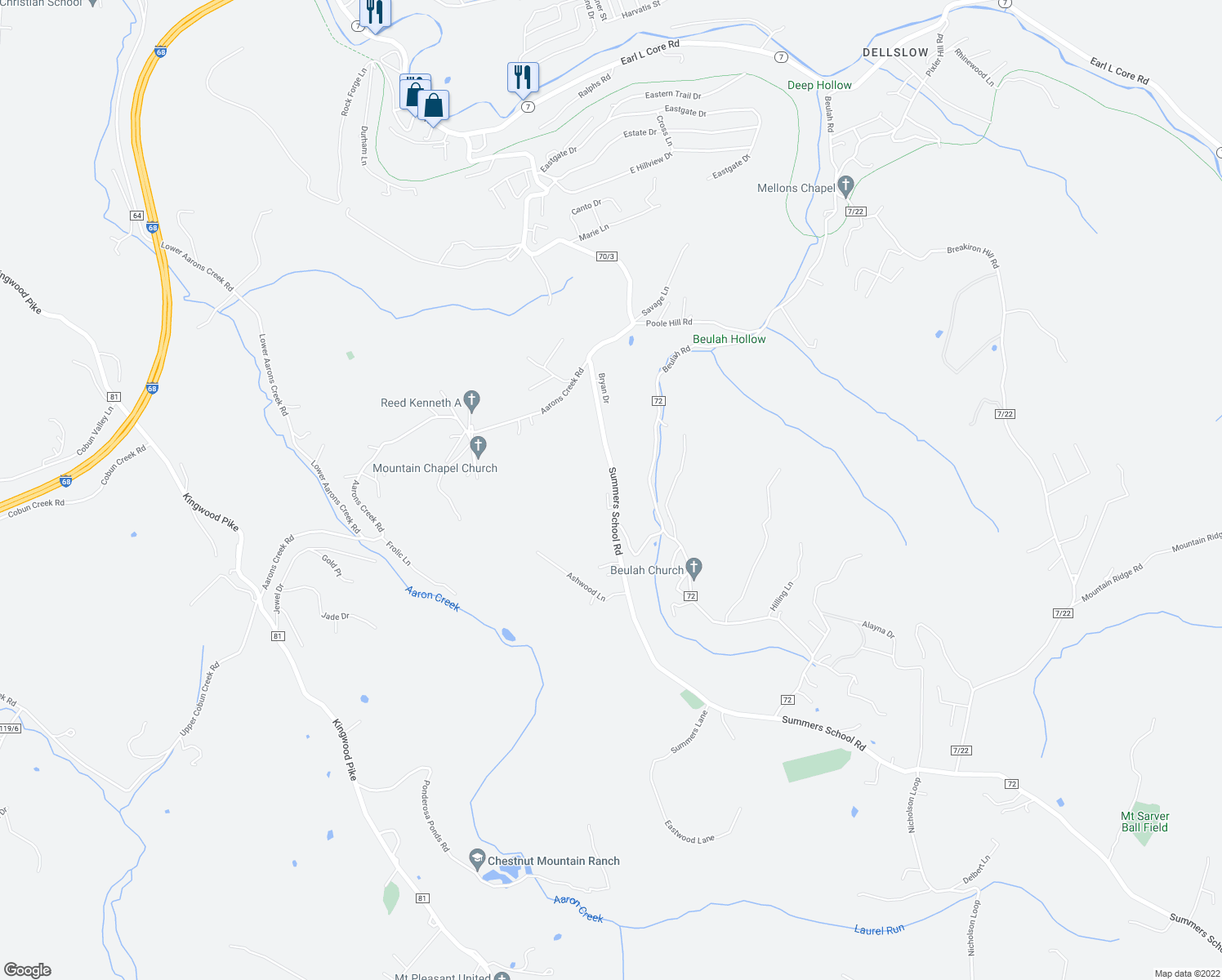 map of restaurants, bars, coffee shops, grocery stores, and more near 872 Summers School Road in Morgantown