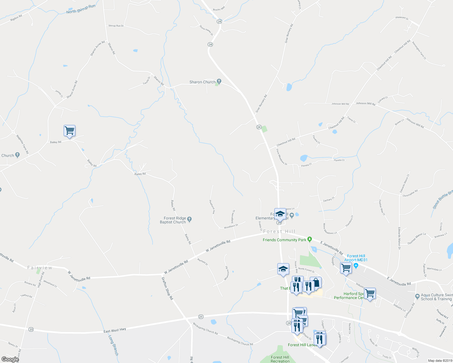 map of restaurants, bars, coffee shops, grocery stores, and more near 2517 Pinehurst Avenue in Forest Hill