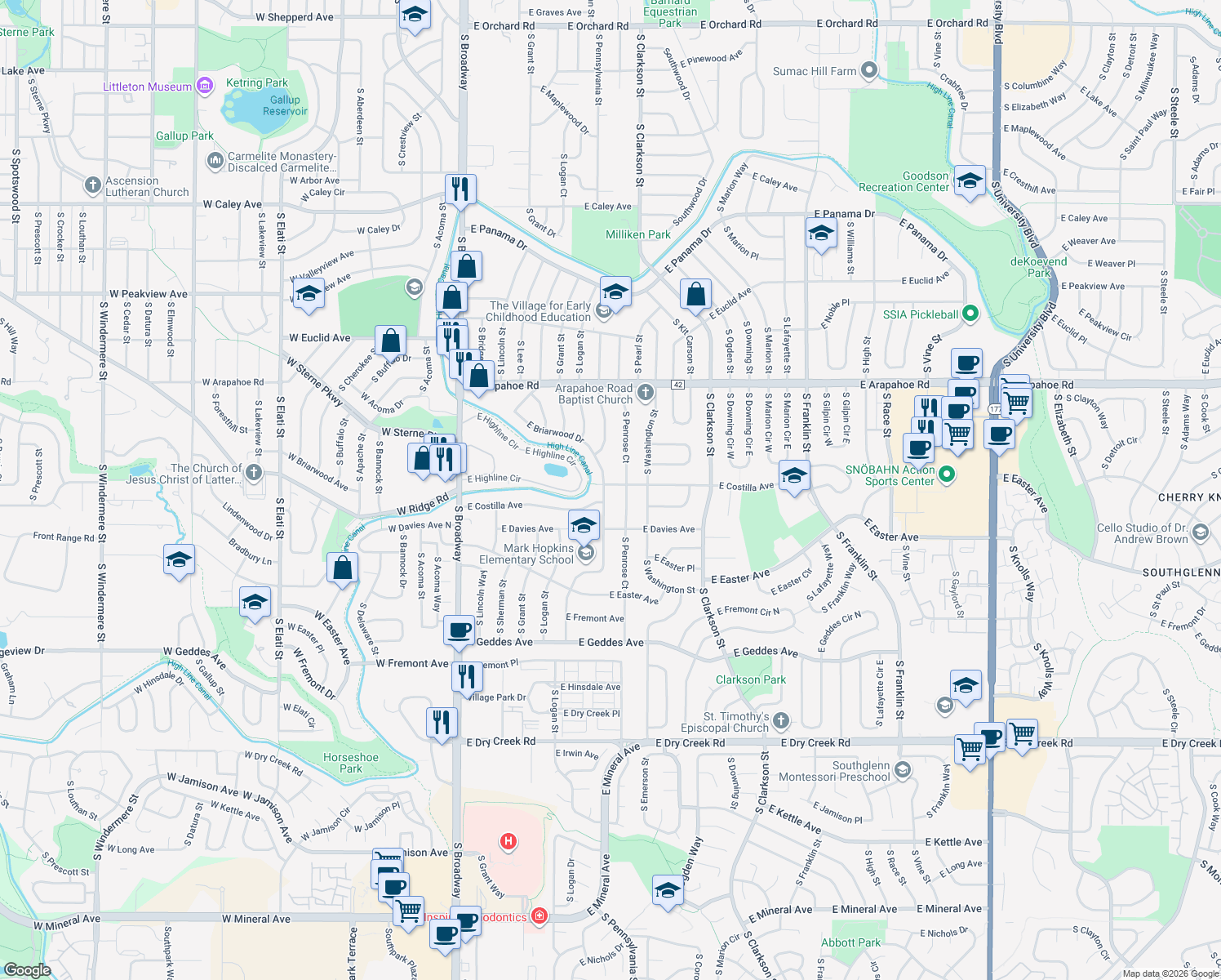 map of restaurants, bars, coffee shops, grocery stores, and more near 7000 South Pennsylvania Street in Centennial