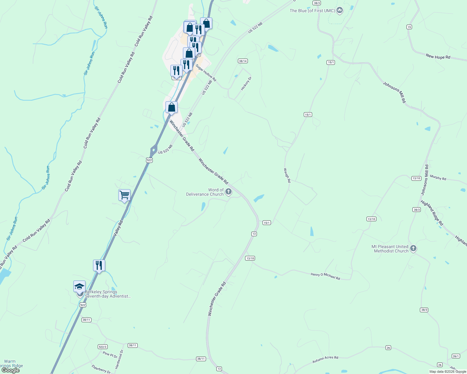 map of restaurants, bars, coffee shops, grocery stores, and more near 53 Rankin Lane in Berkeley Springs