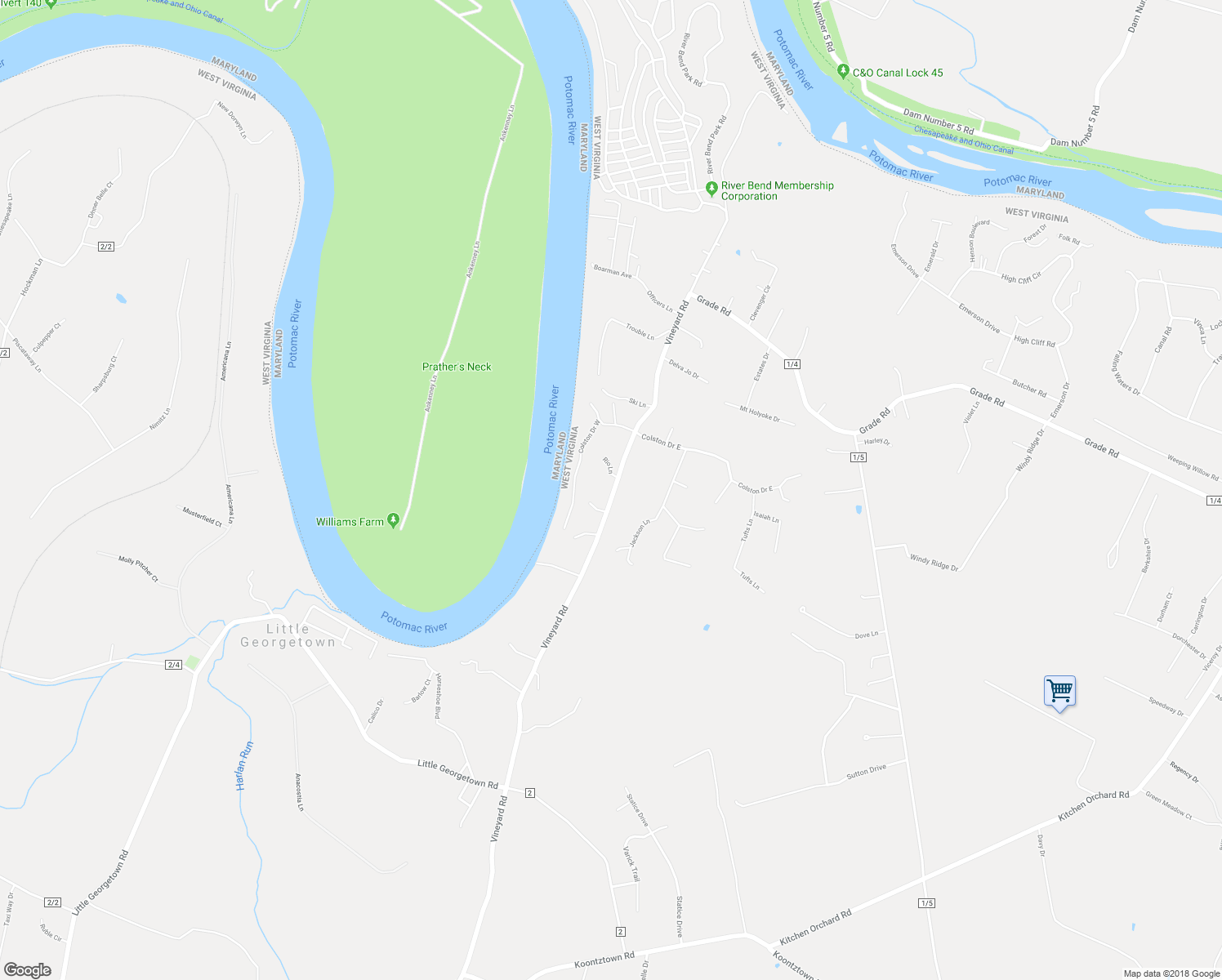 map of restaurants, bars, coffee shops, grocery stores, and more near 2417 Vineyard Road in Falling Waters
