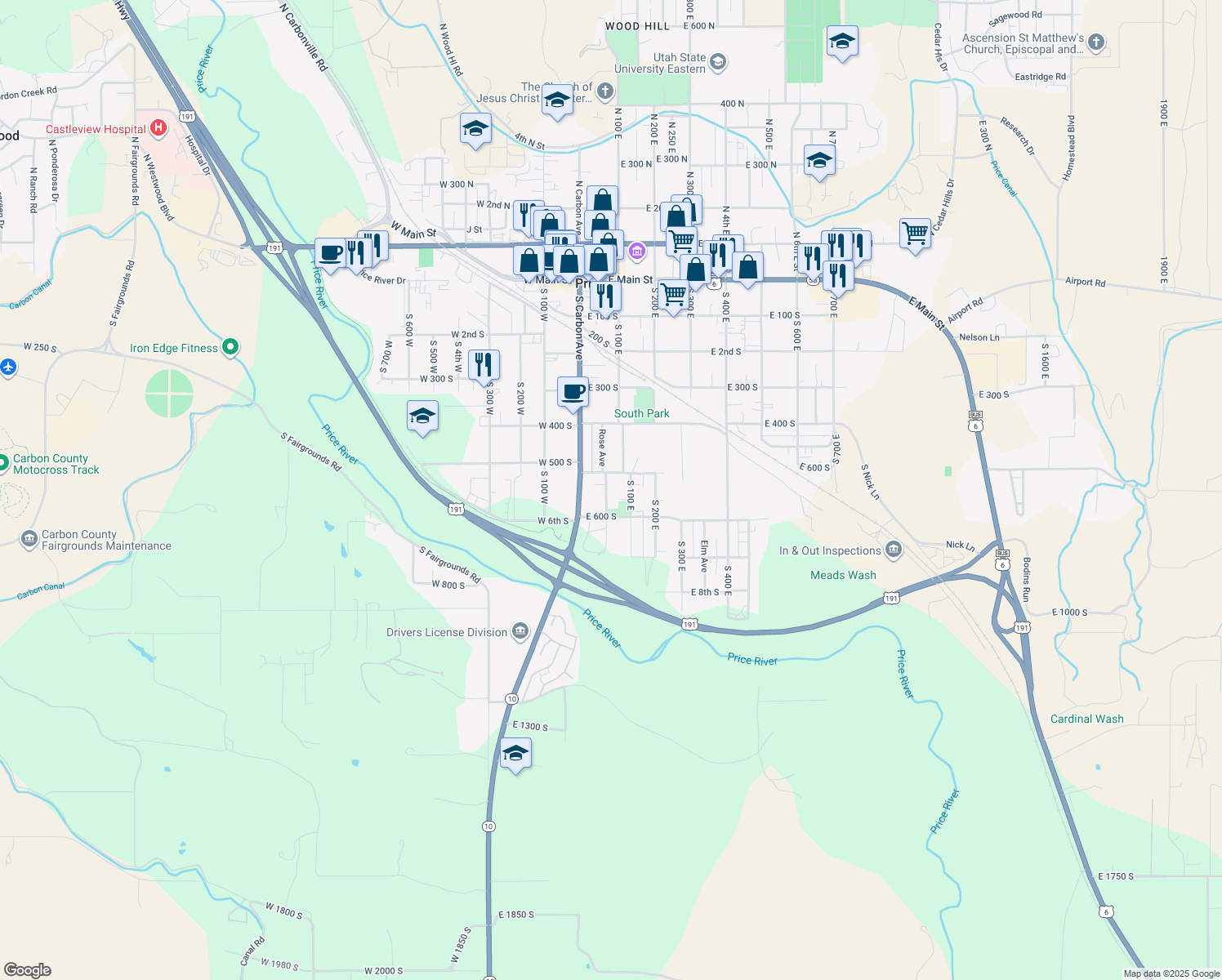 map of restaurants, bars, coffee shops, grocery stores, and more near 525 Rose Avenue in Price