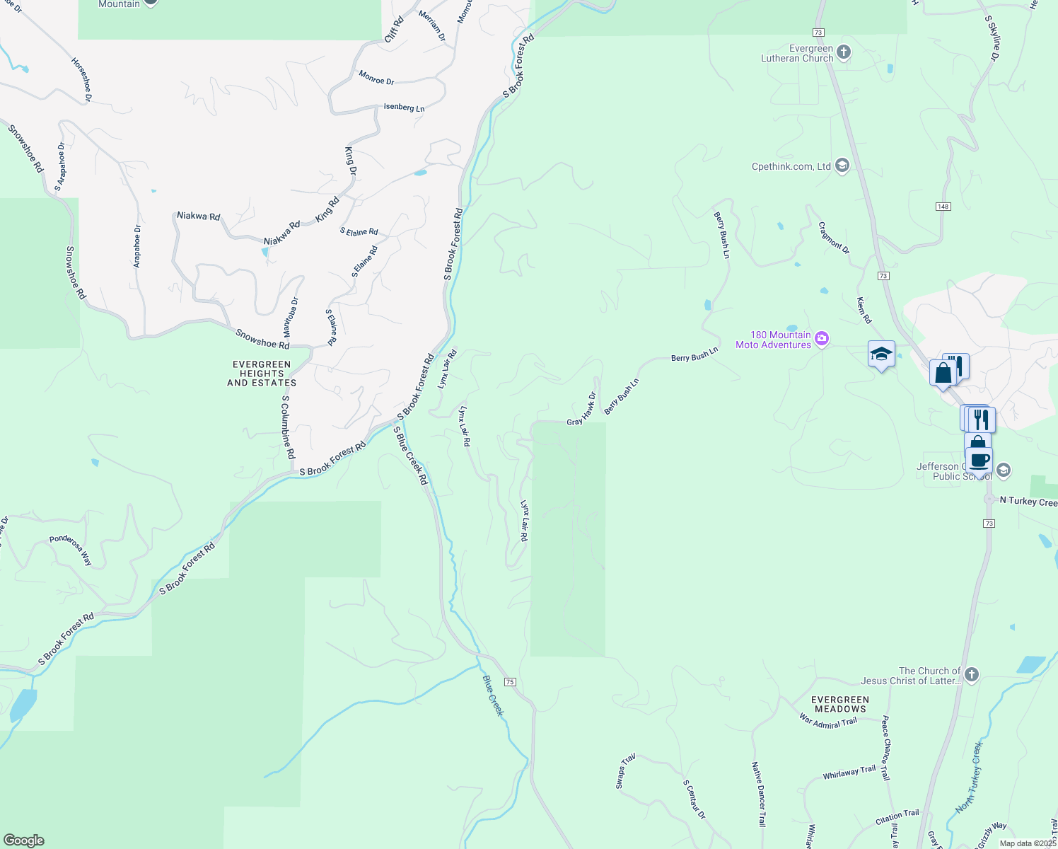 map of restaurants, bars, coffee shops, grocery stores, and more near 6901 Lynx Lair Road in Evergreen