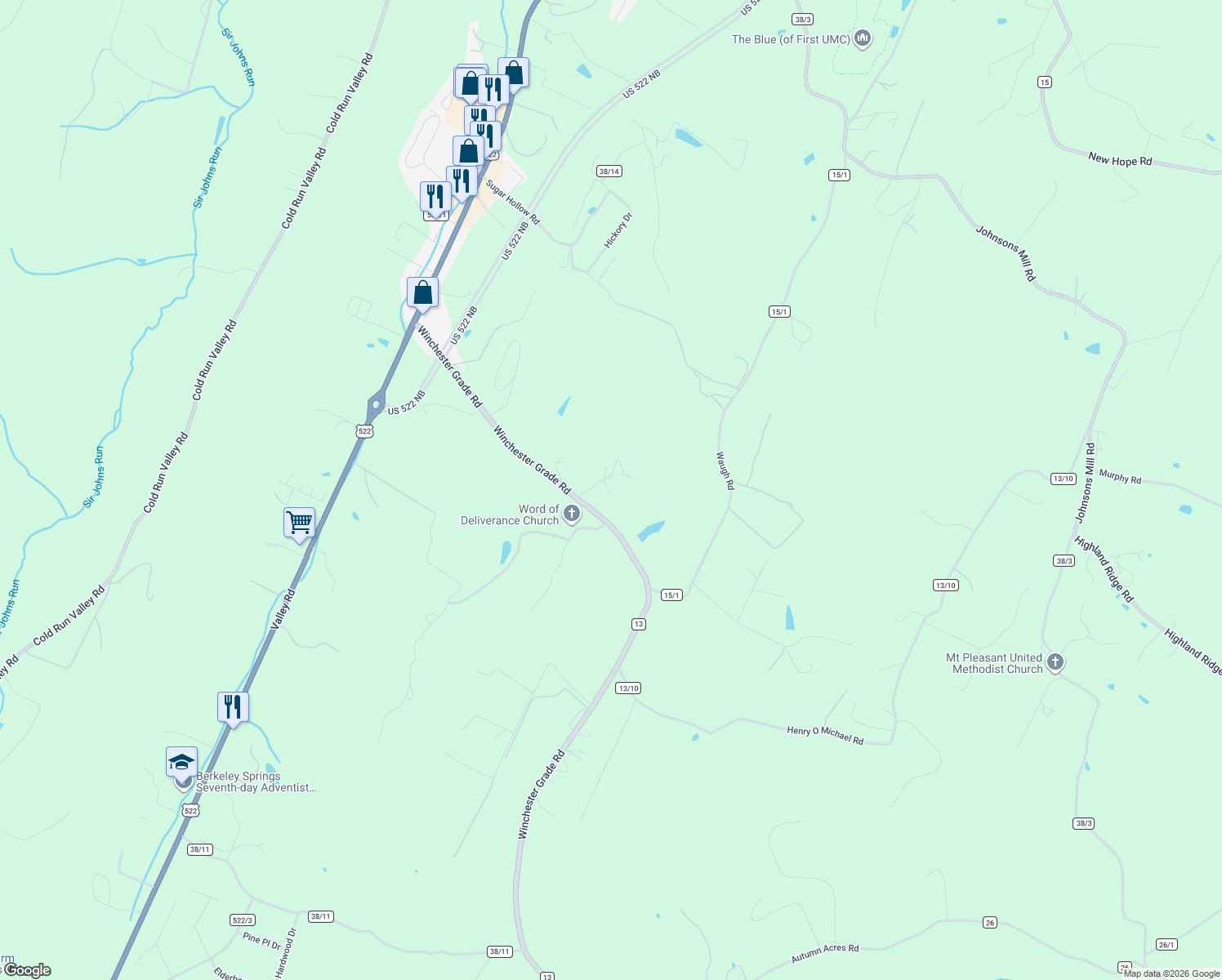 map of restaurants, bars, coffee shops, grocery stores, and more near 53 Rankin Lane in Berkeley Springs