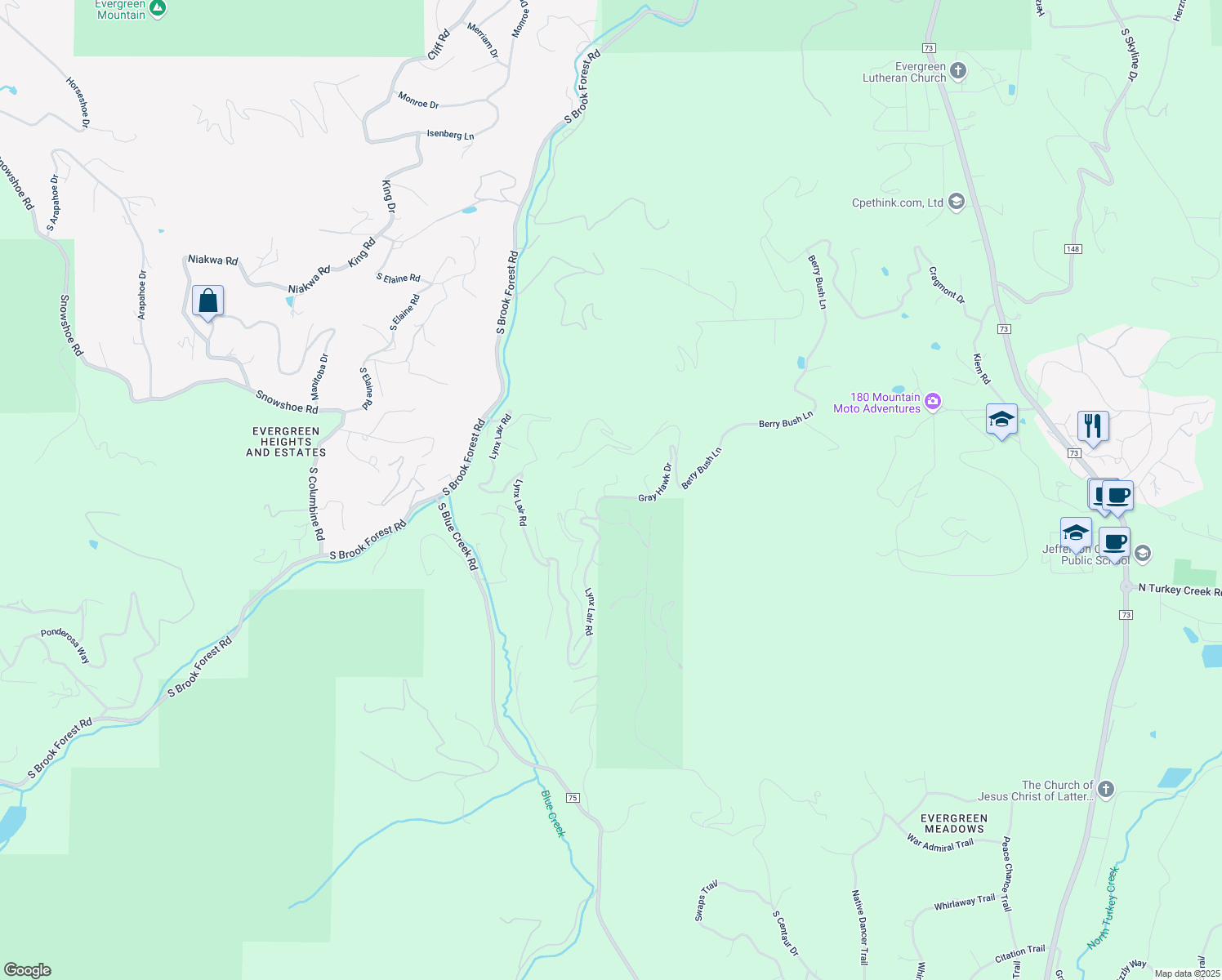 map of restaurants, bars, coffee shops, grocery stores, and more near 6901 Lynx Lair Road in Evergreen