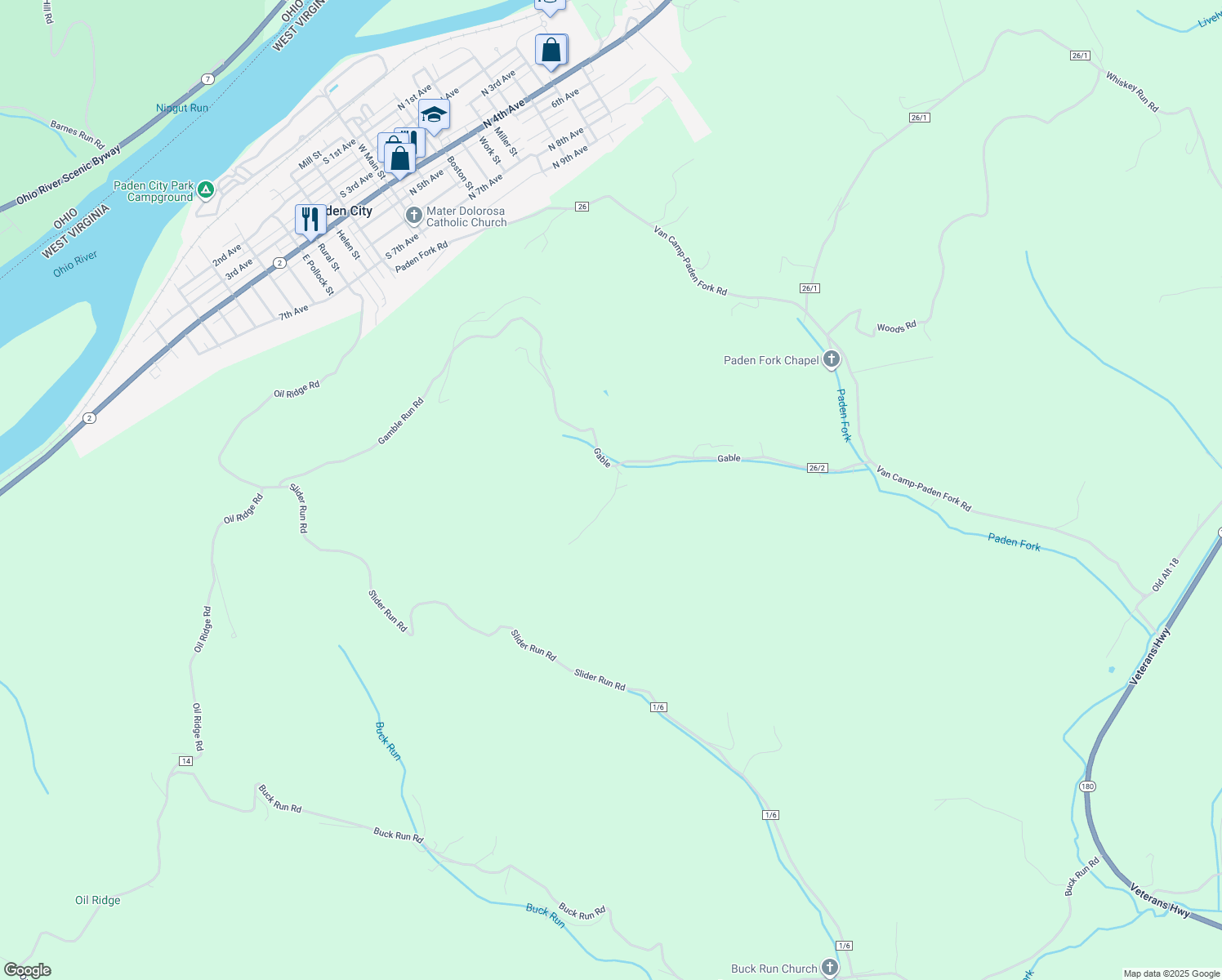 map of restaurants, bars, coffee shops, grocery stores, and more near in Paden City