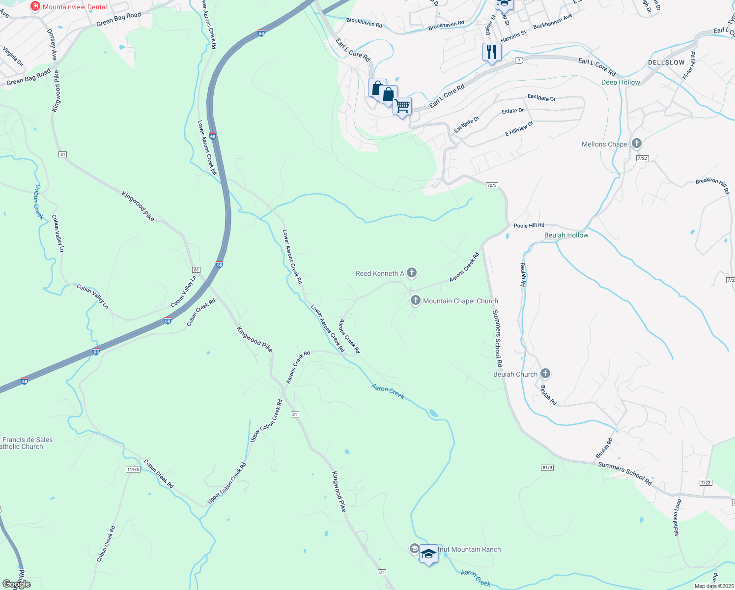 map of restaurants, bars, coffee shops, grocery stores, and more near Aarons Creek Road in Morgantown