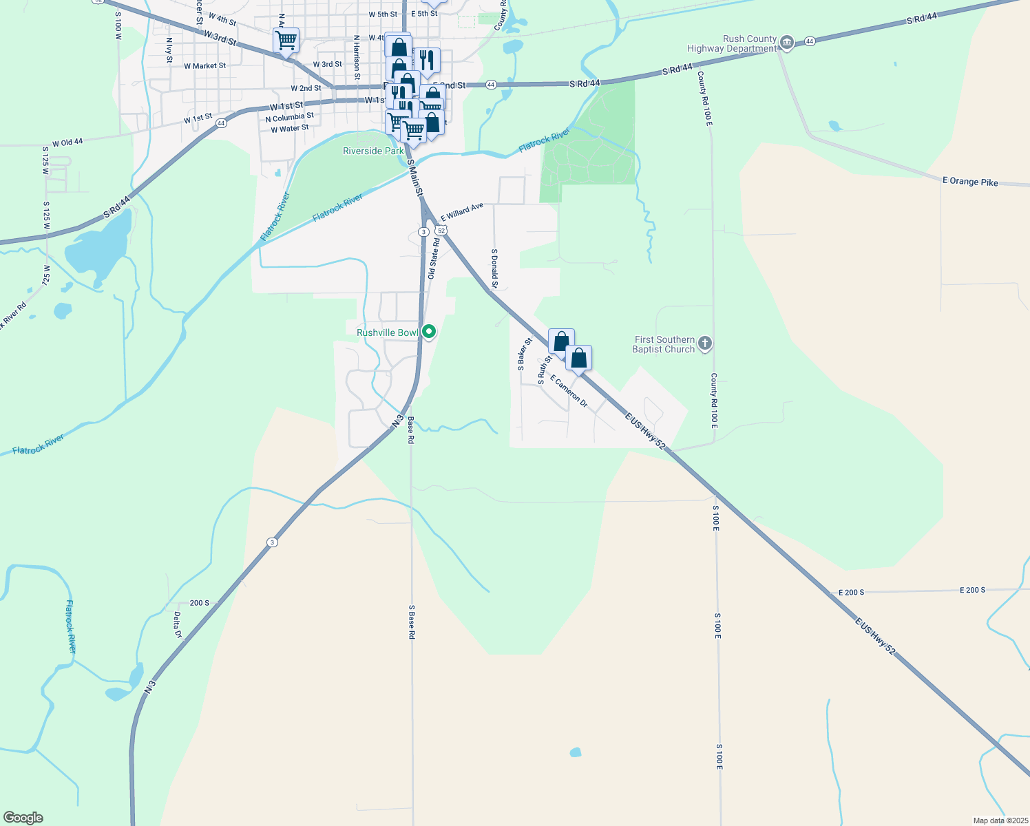 map of restaurants, bars, coffee shops, grocery stores, and more near 1397 South Baker Street in Rushville