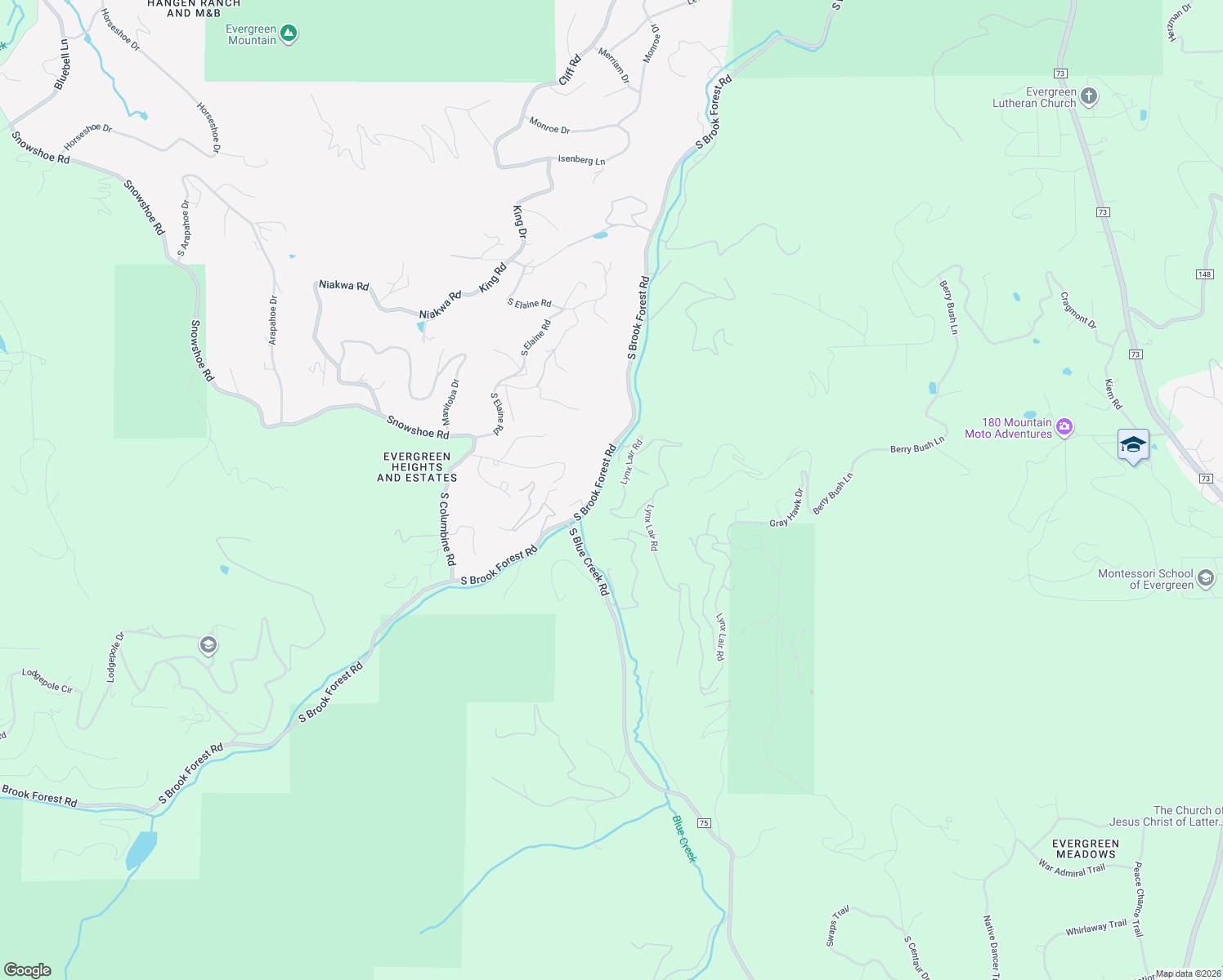 map of restaurants, bars, coffee shops, grocery stores, and more near 6856 South Brook Forest Road in Evergreen