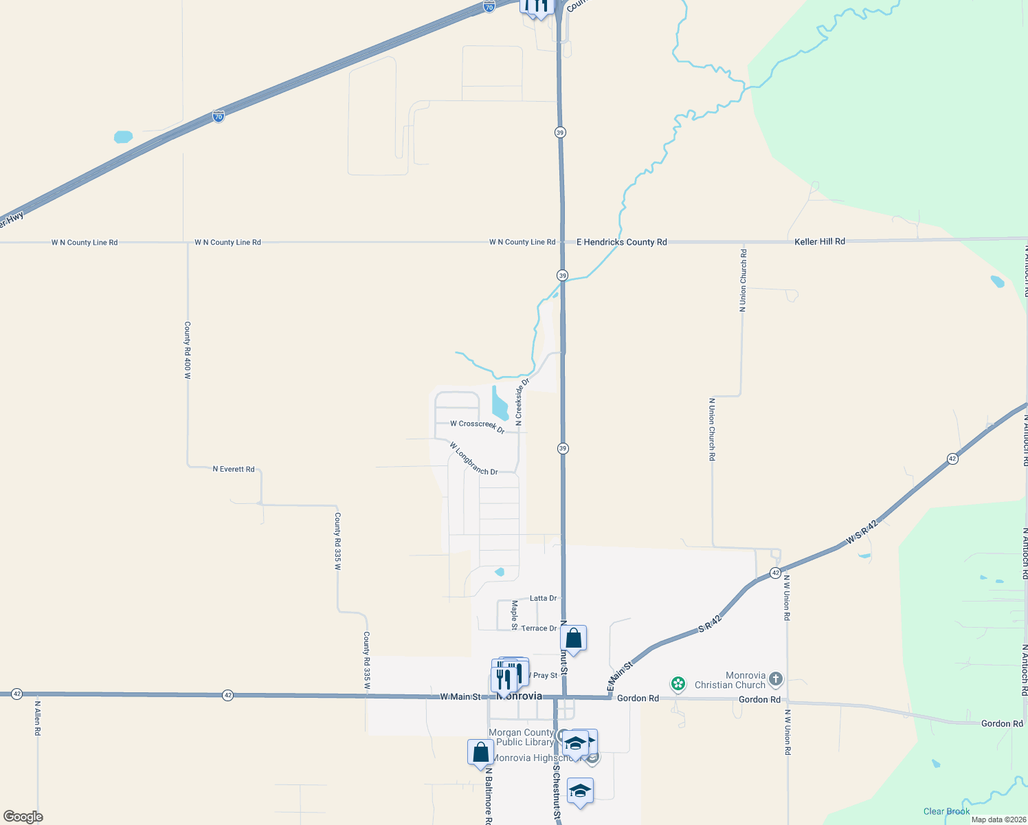 map of restaurants, bars, coffee shops, grocery stores, and more near 11416 North Creekside Drive in Monrovia