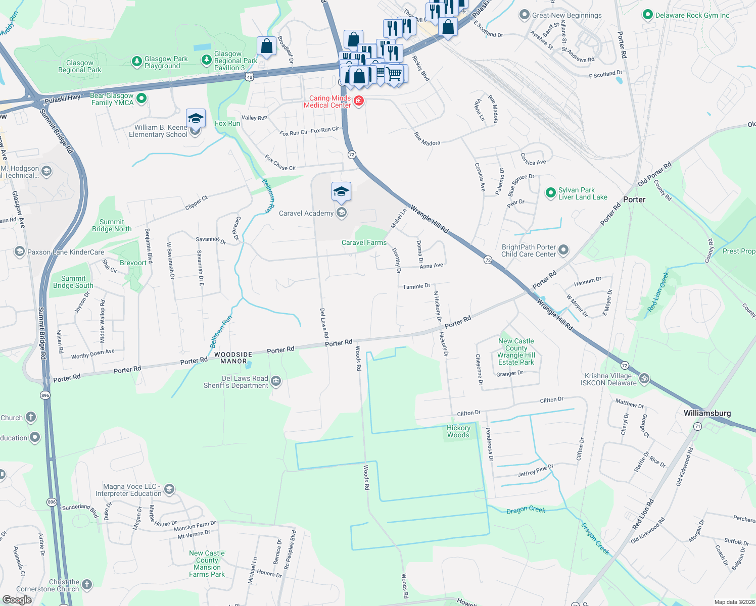 map of restaurants, bars, coffee shops, grocery stores, and more near 235 Emelia Drive in Bear