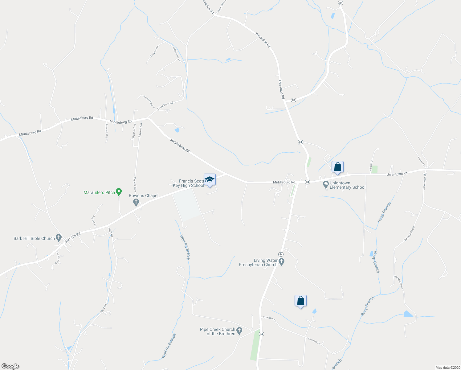map of restaurants, bars, coffee shops, grocery stores, and more near 3815 Bark Hill Road in Union Bridge